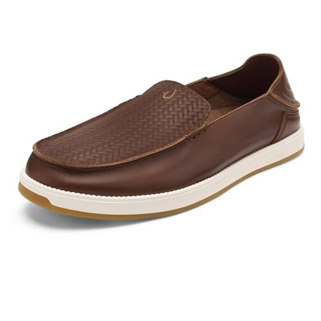Men's brown leather slip-on sneakers with woven upper, brown collar, and white sole