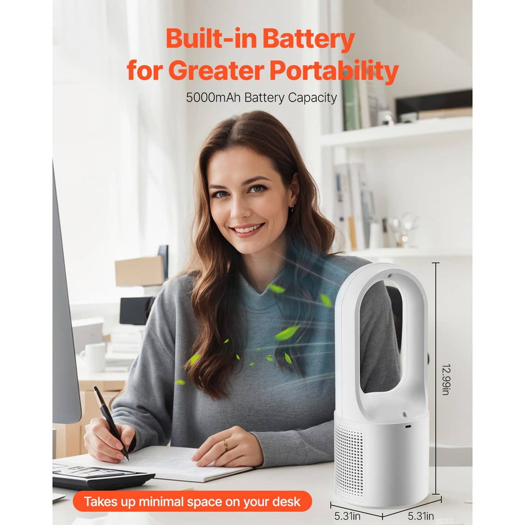 White bladeless portable desk fan with built-in controls on the side of the base.