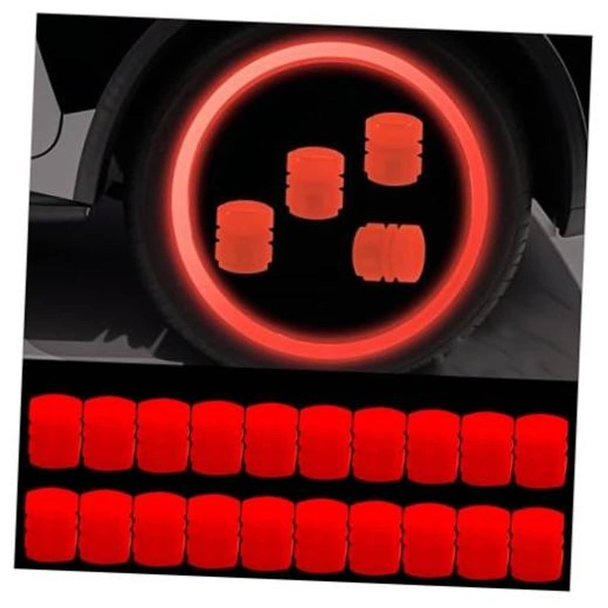 Red glowing tire valve caps, 20-piece set for car wheels