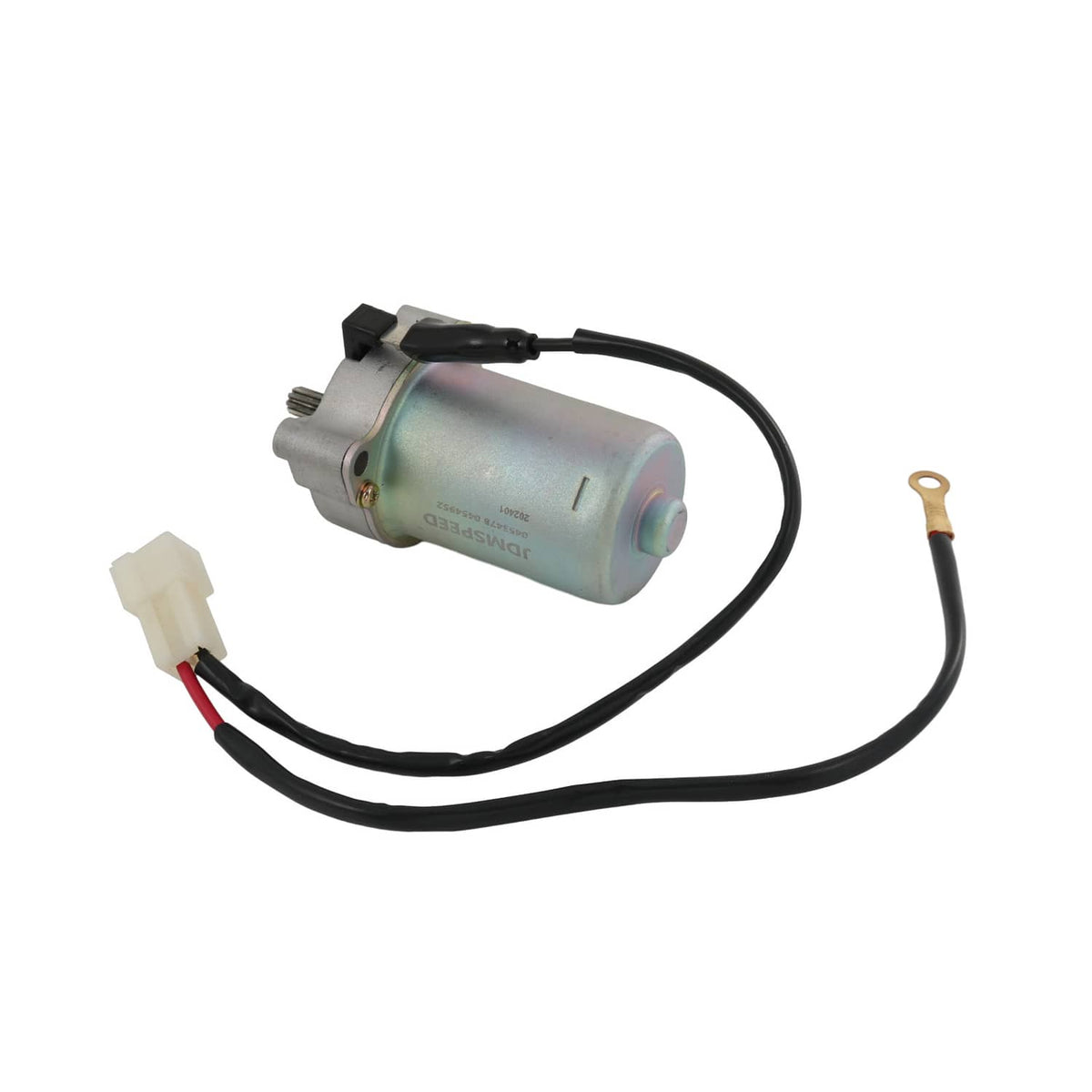 Starter motor with cylindrical housing, black wiring leads, and white electrical connector