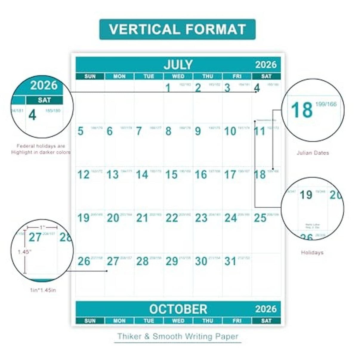 Vertical 2026-2027 wall calendar layout for July and October with date callouts