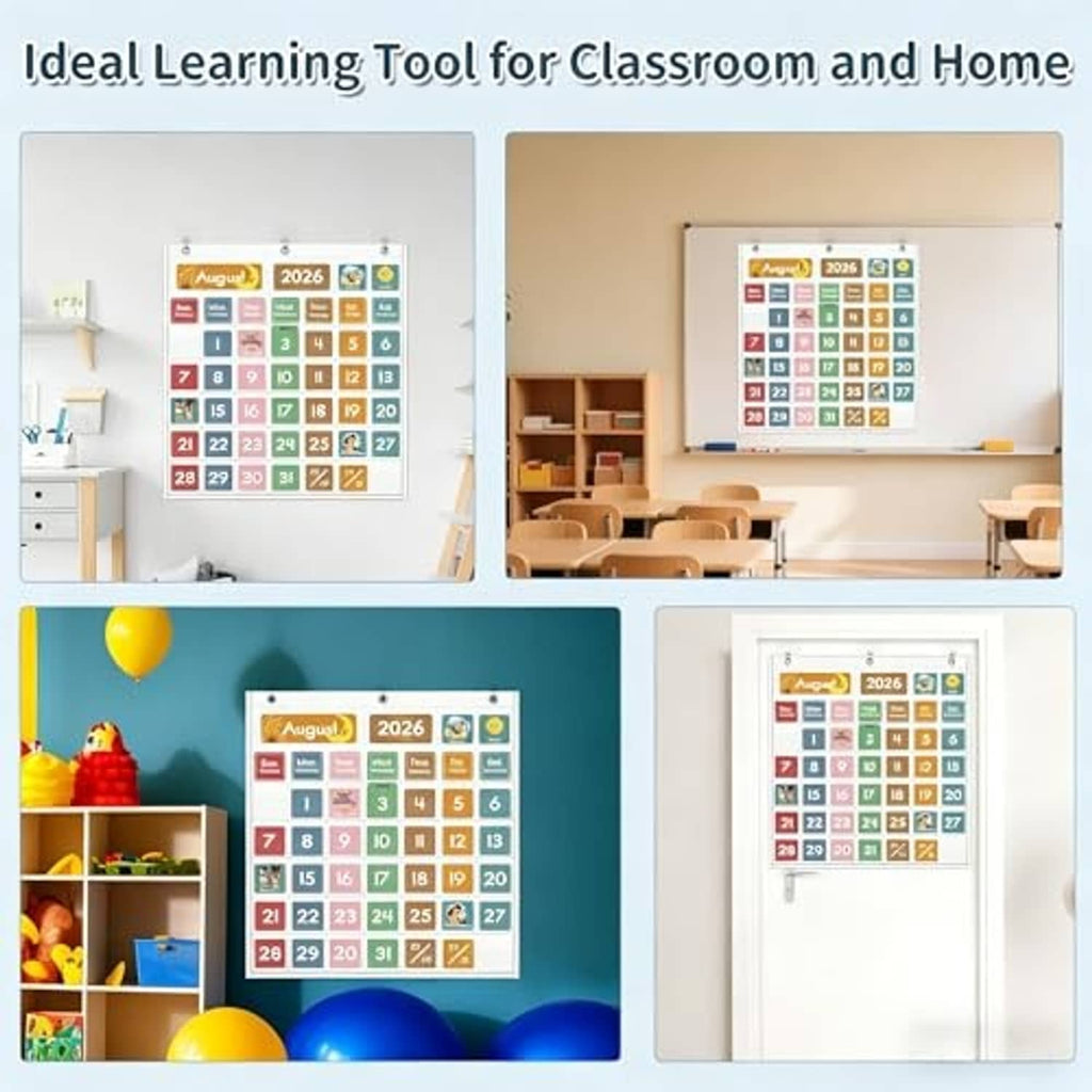 Pocket calendar chart in classroom with colorful August 2026 number pockets