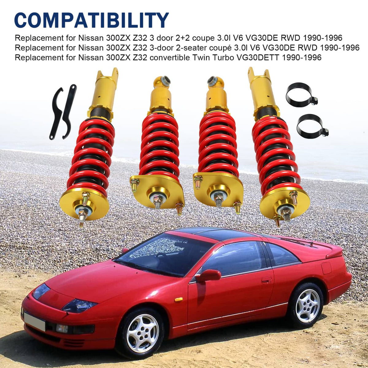 Red spring coilover struts with gold dampers and top mounts, set of four