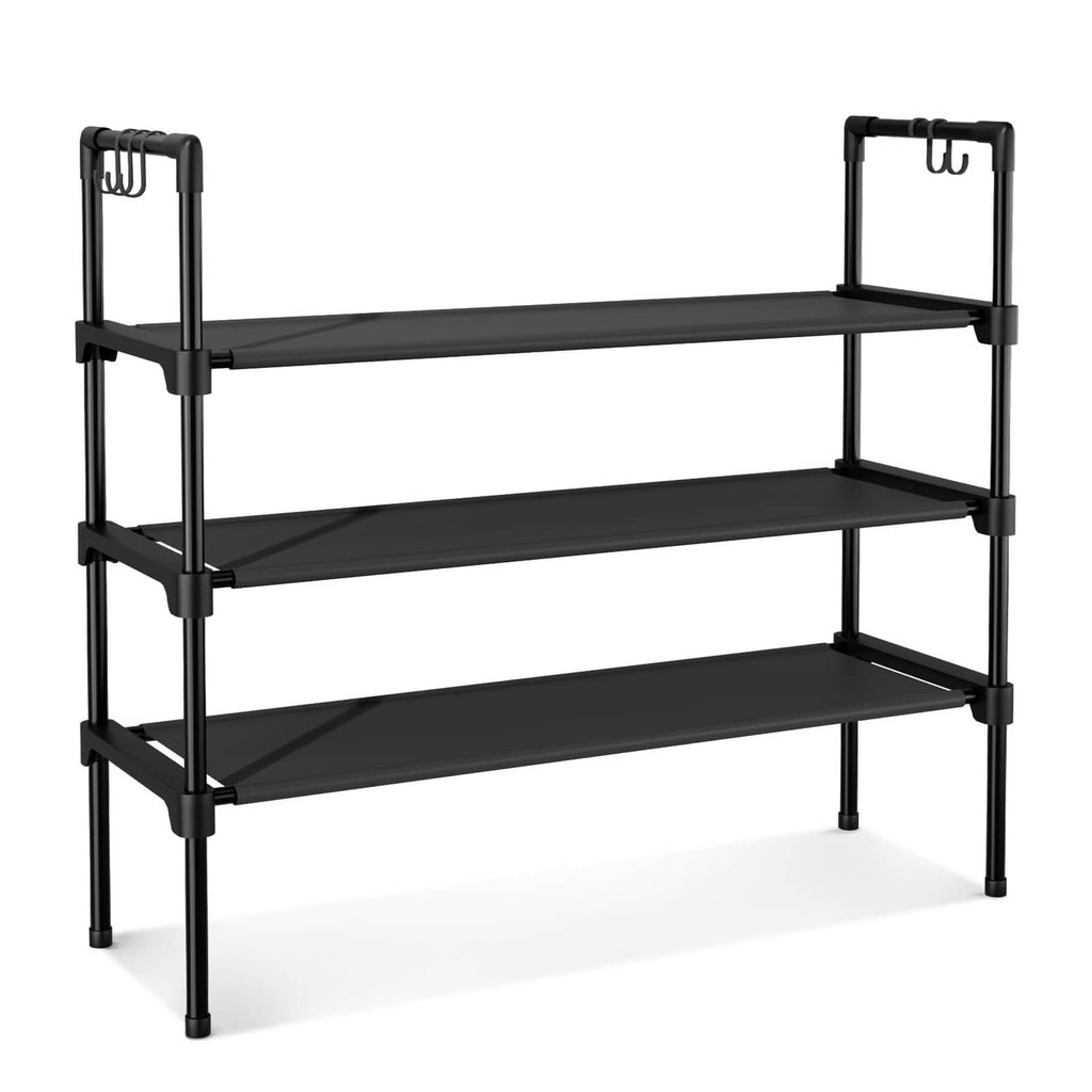 Black 3-tier shoe rack with three open shelves and sturdy corner posts