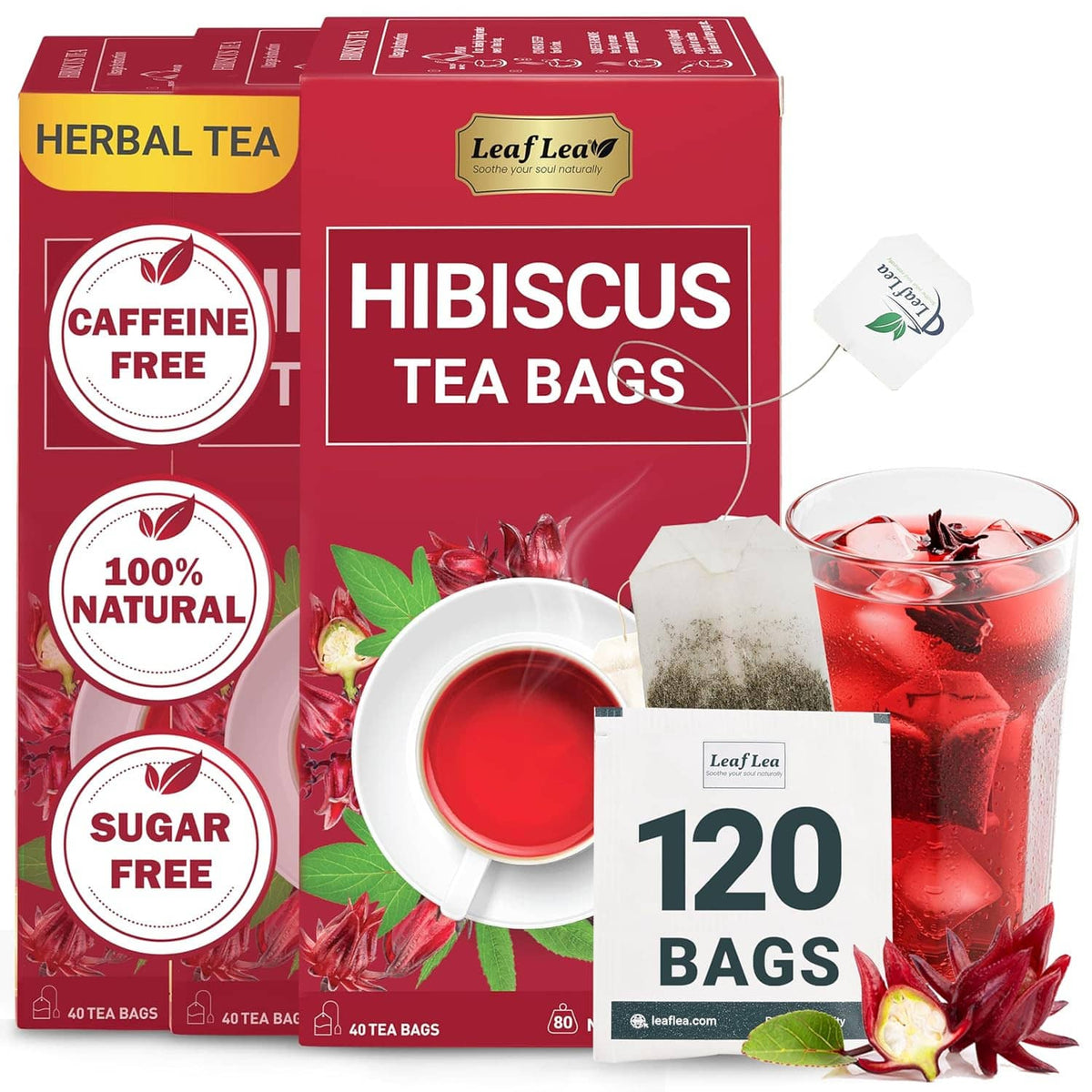 Hibiscus tea bags box with 120 count, caffeine-free, 100% natural, sugar-free