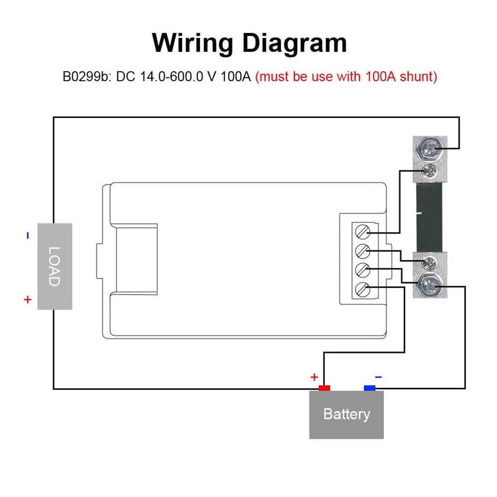 Wiring diagram for DC 14.0–600V 100A shunt digital panel power/energy monitor