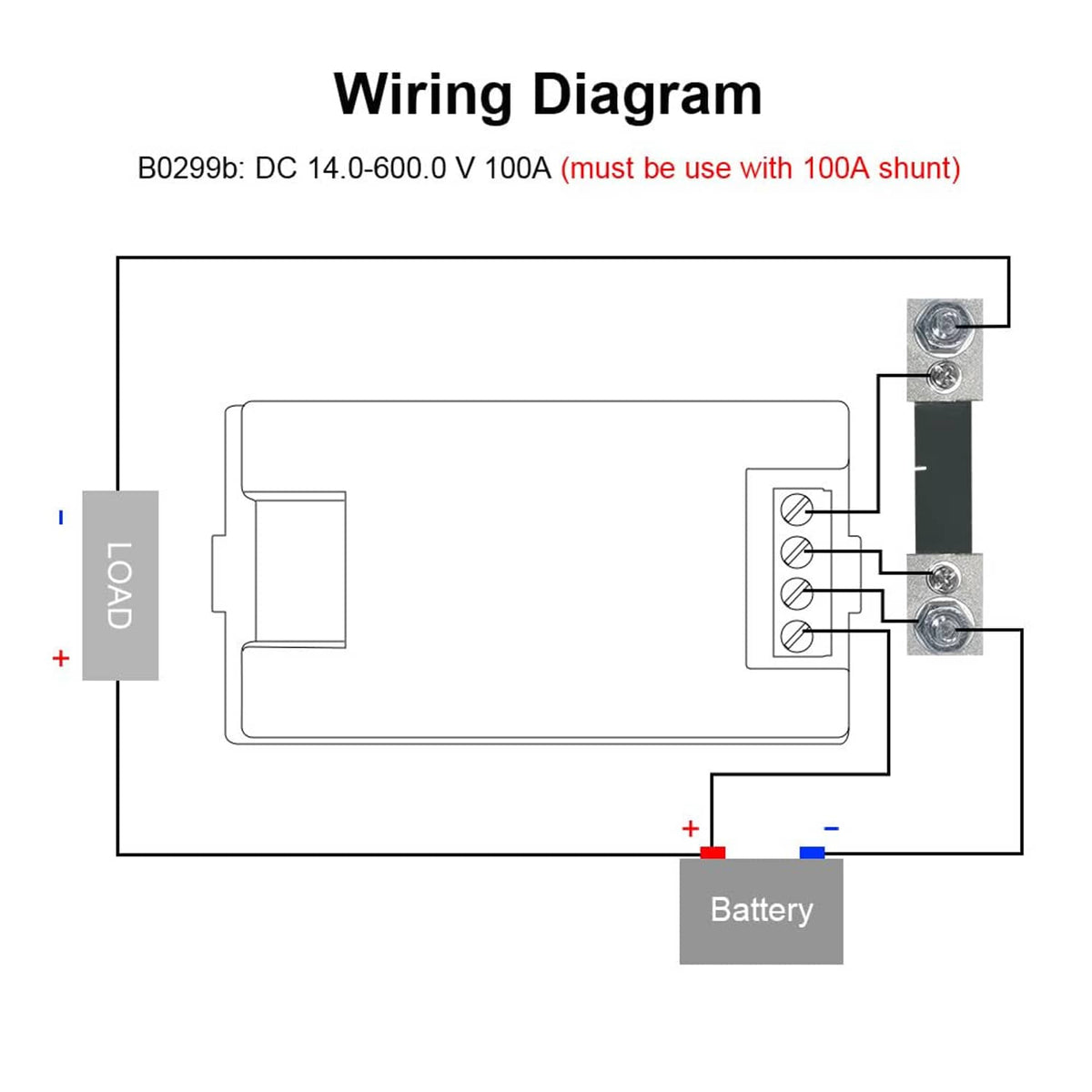 Wiring diagram for DC 14.0–600V 100A shunt digital panel power/energy monitor