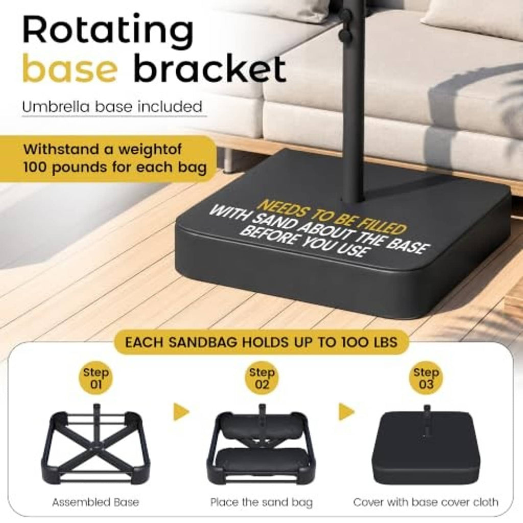 Rotating umbrella base bracket with dark sandbag-style base for patio umbrella stand