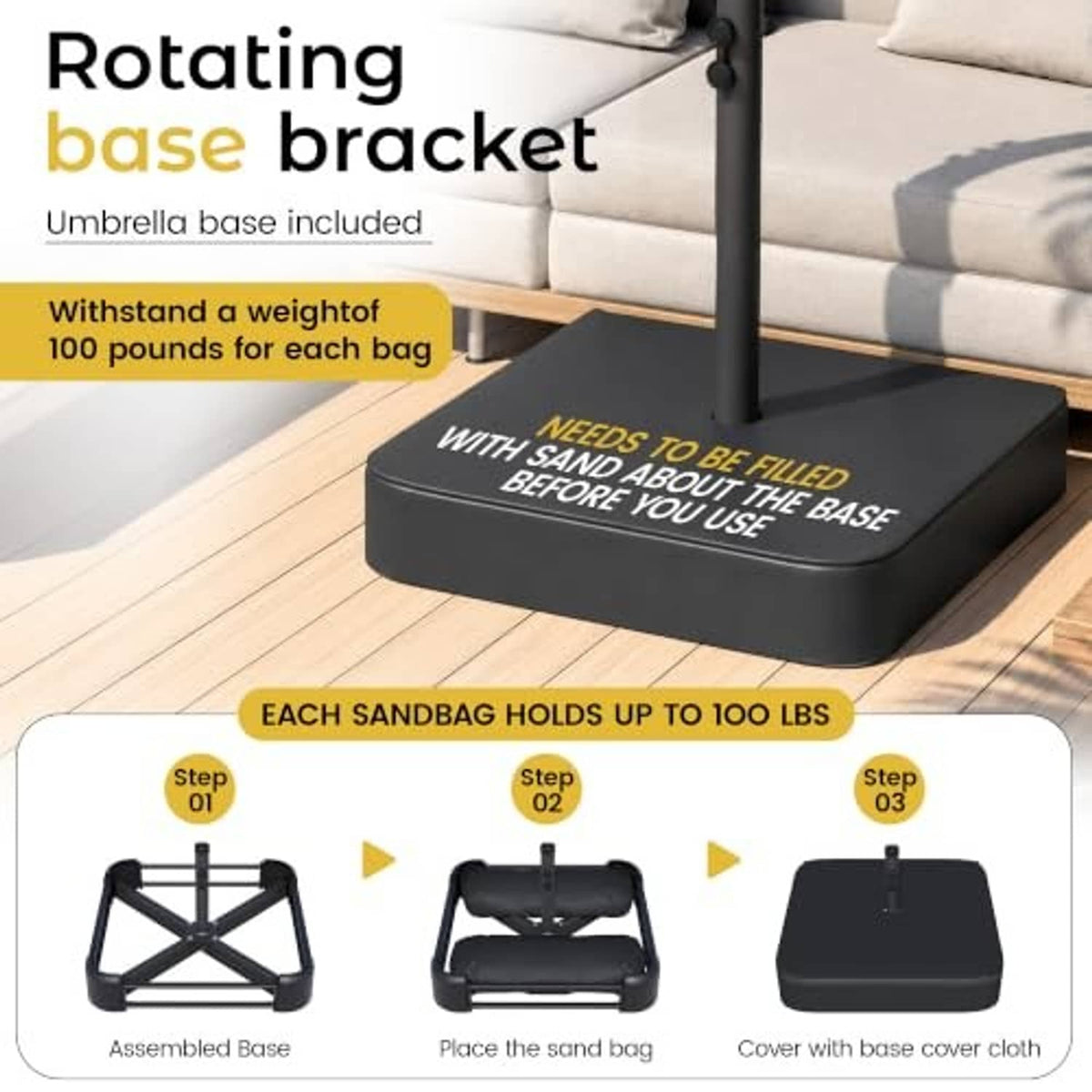 Rotating umbrella base bracket with dark sandbag-style base for patio umbrella stand