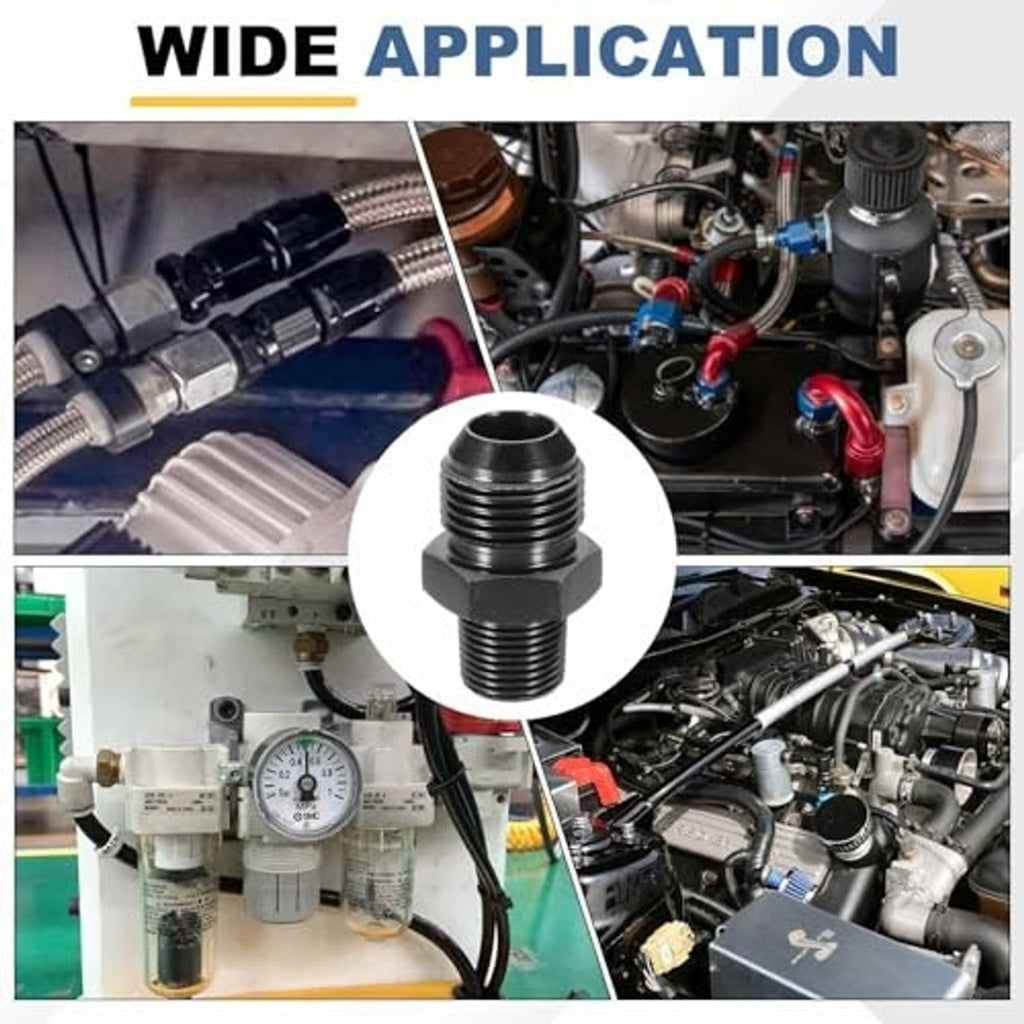 Black straight flare adapter fitting shown in-use, male threads and hex nut