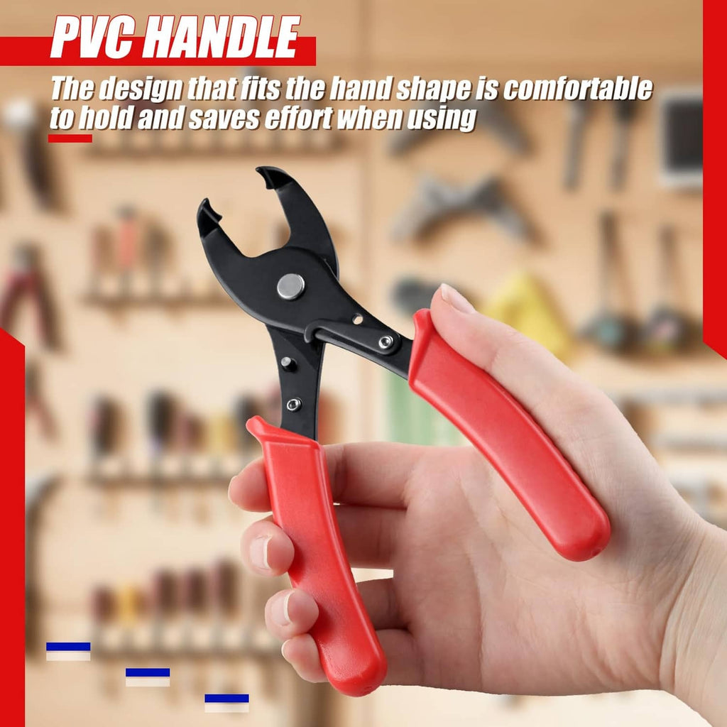 Strain relief bushing pliers held in hand, black jaws and red PVC comfort grips