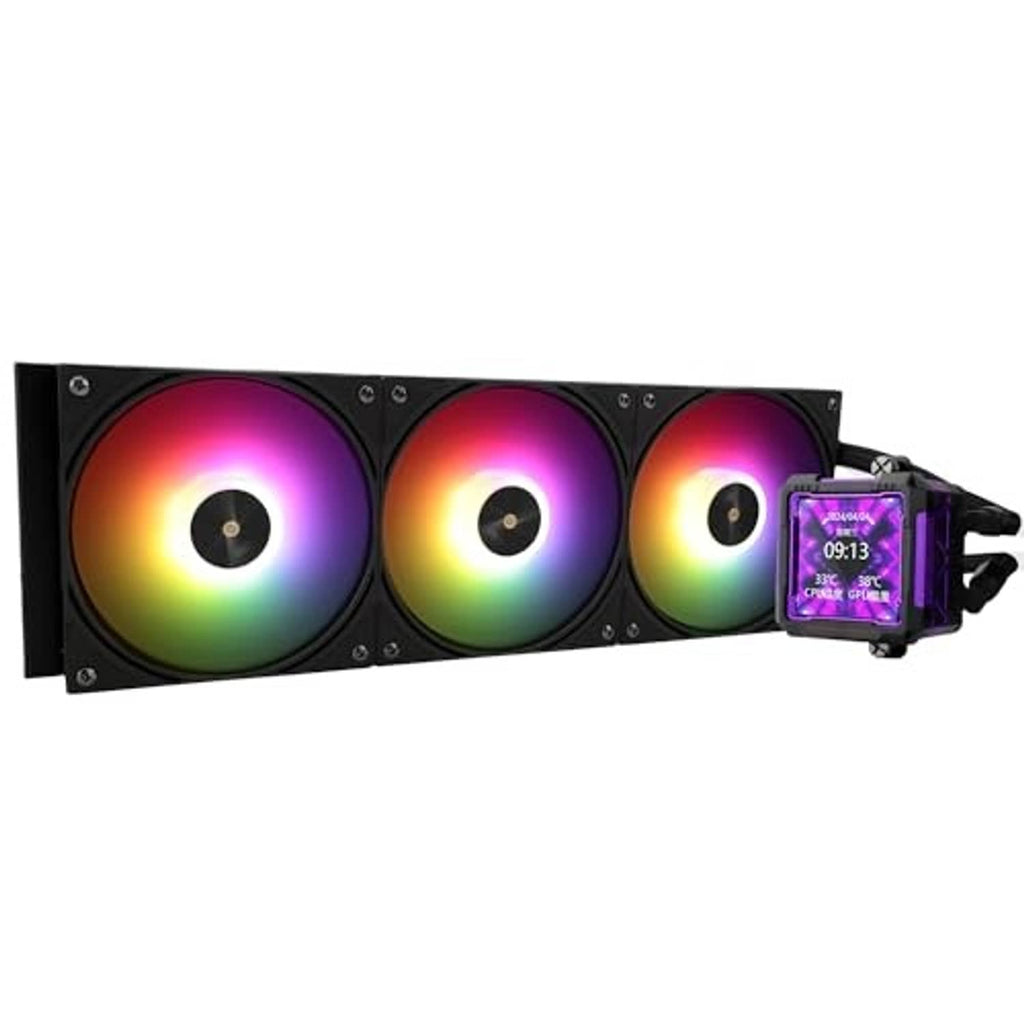 Black 360mm AIO liquid CPU cooler with three rainbow ARGB fans and side LCD module