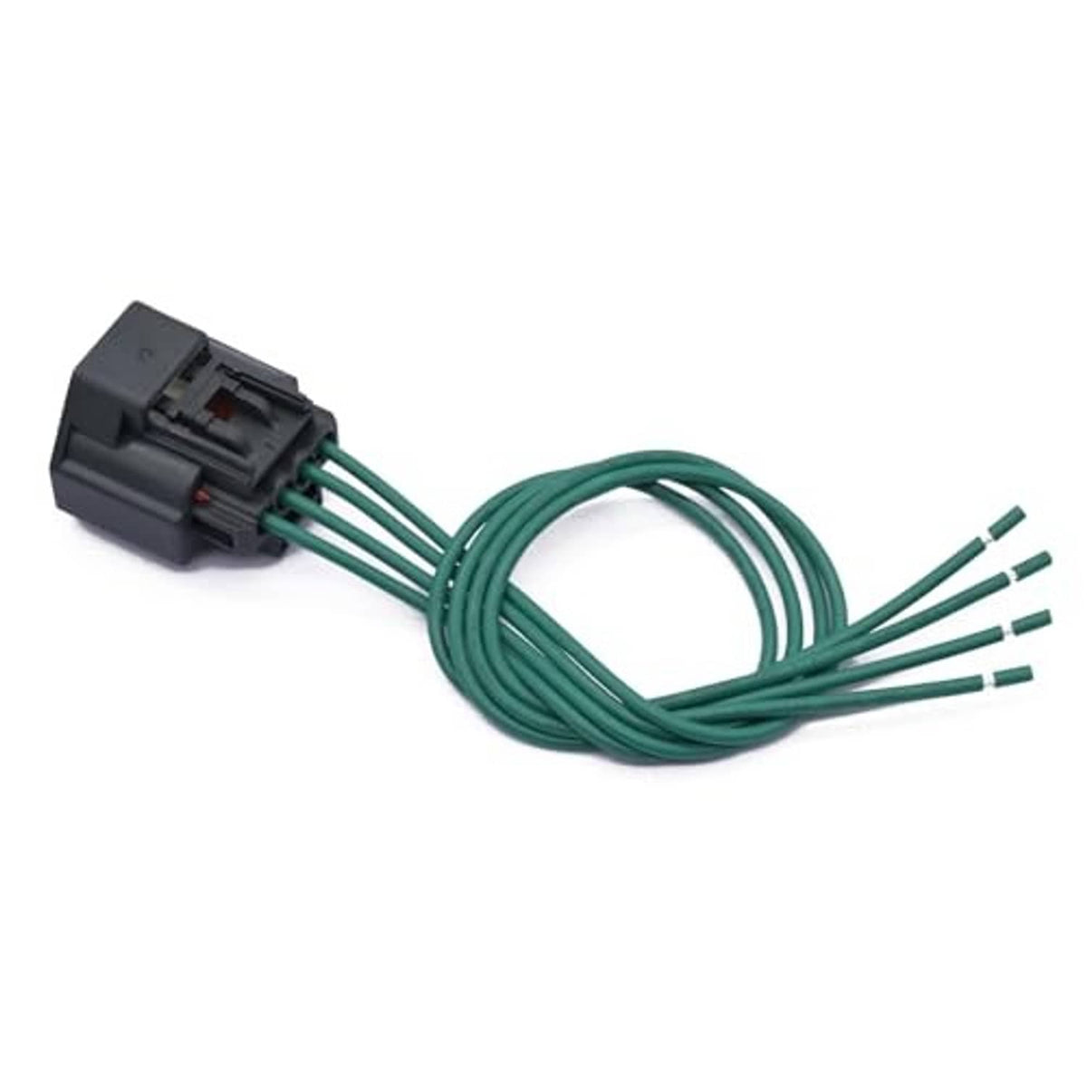 Automotive wiring harness pigtail with gray plug housing and green wire leads