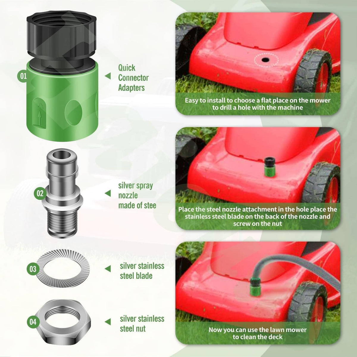 Lawn mower deck wash kit installation parts: green bottle, steel nozzle, wire brush, nut