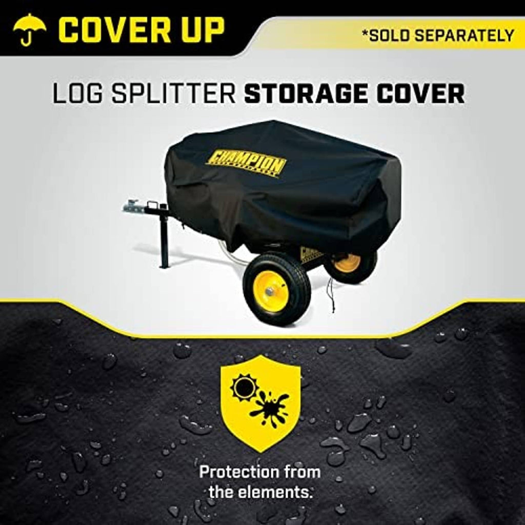 Black log splitter storage cover with Champion logo, shown on trailer with protection graphic