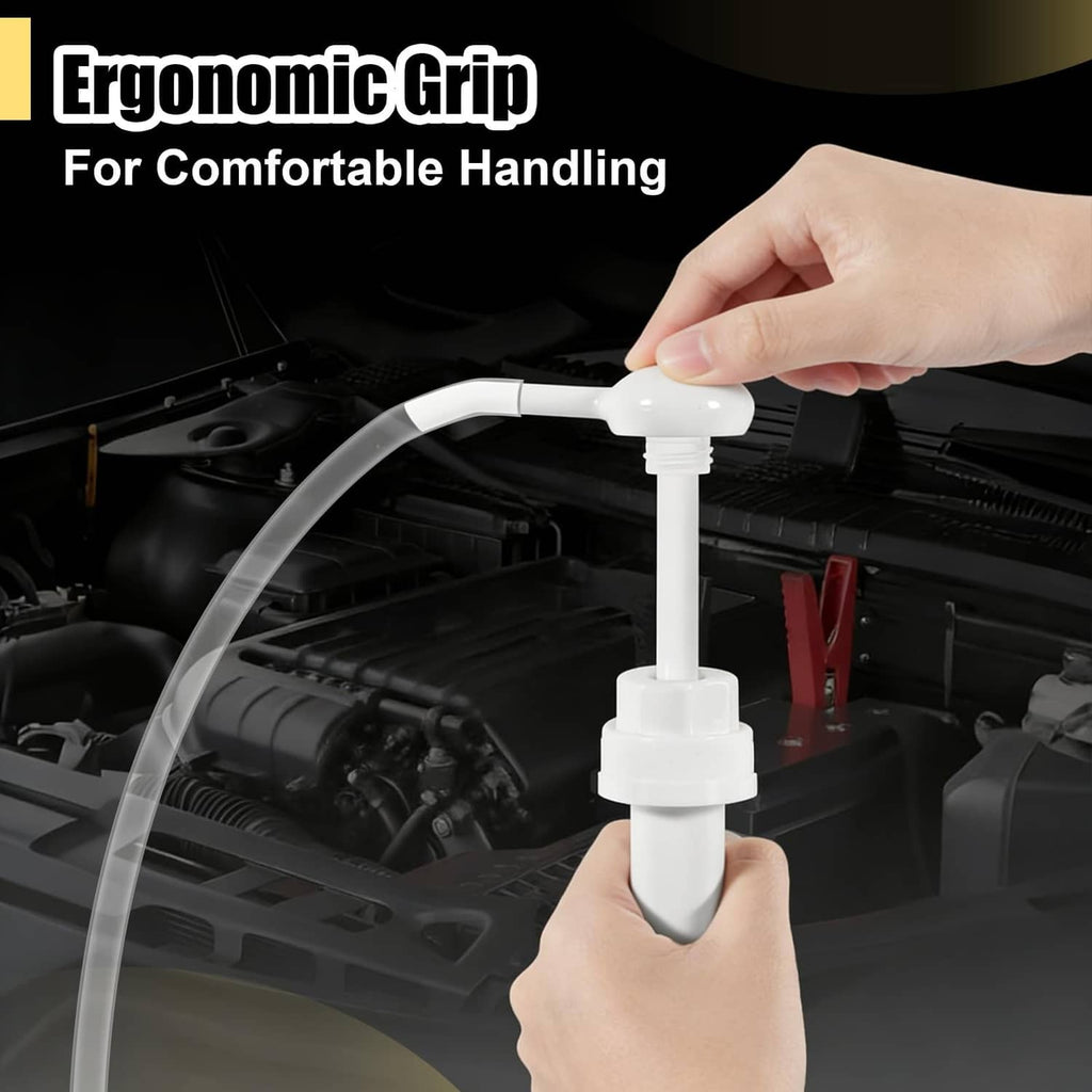 White fluid pump with ergonomic handle and clear intake hose