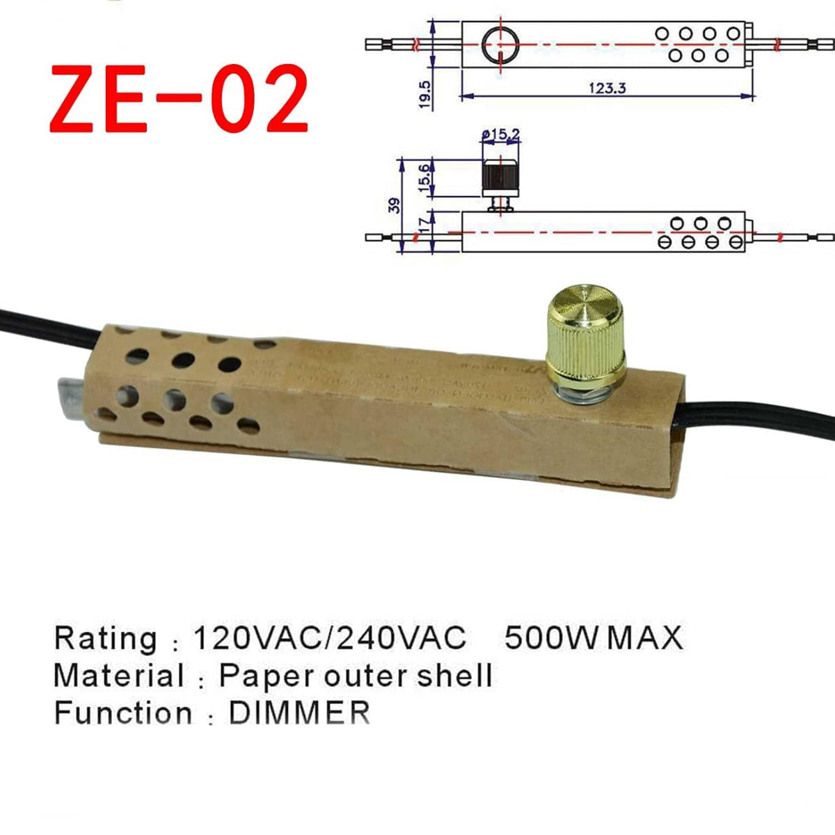 Rotary dimmer switch with knob and mounting holes, labeled ZE-02
