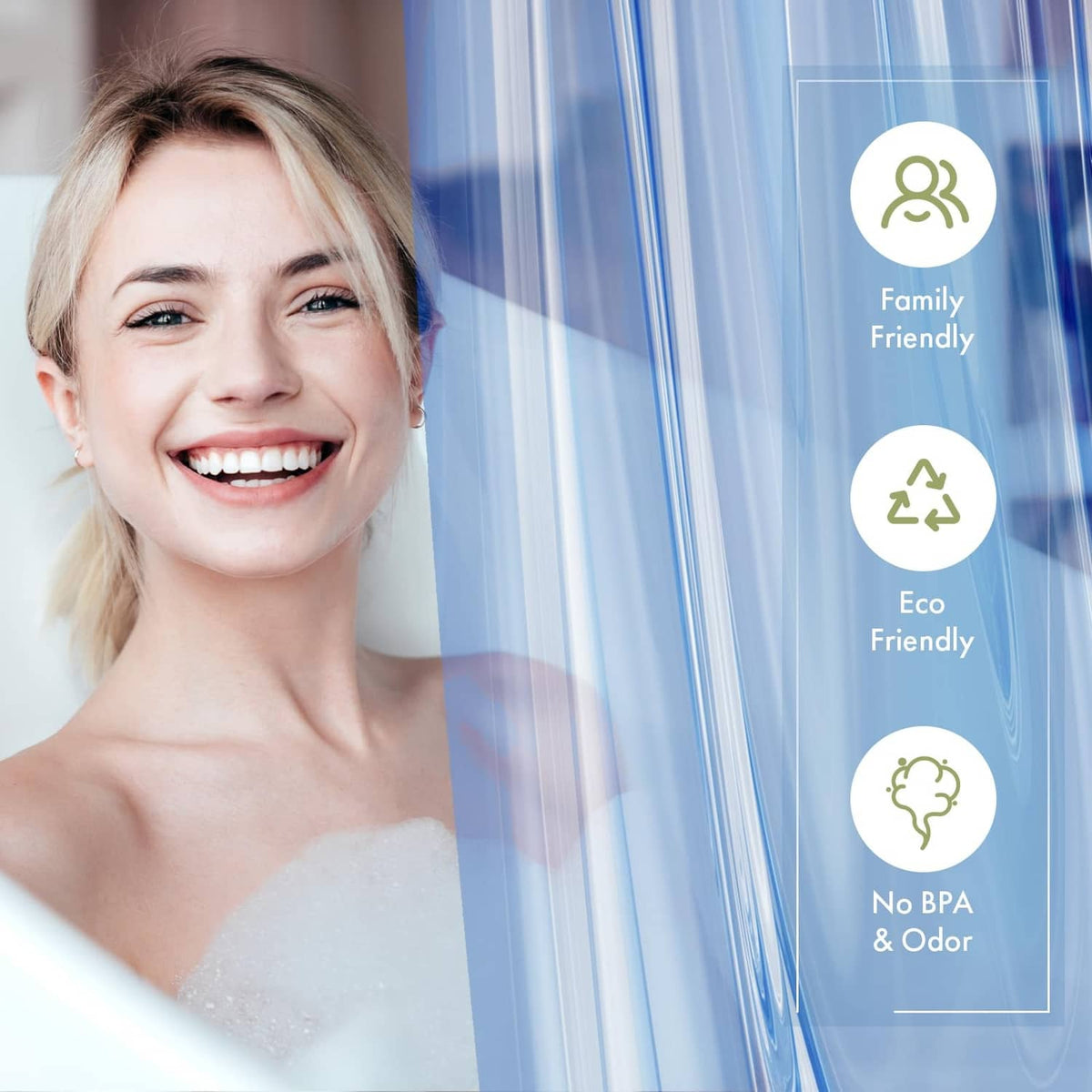 Clear blue shower curtain liner with smooth hanging panels and water-repellent finish