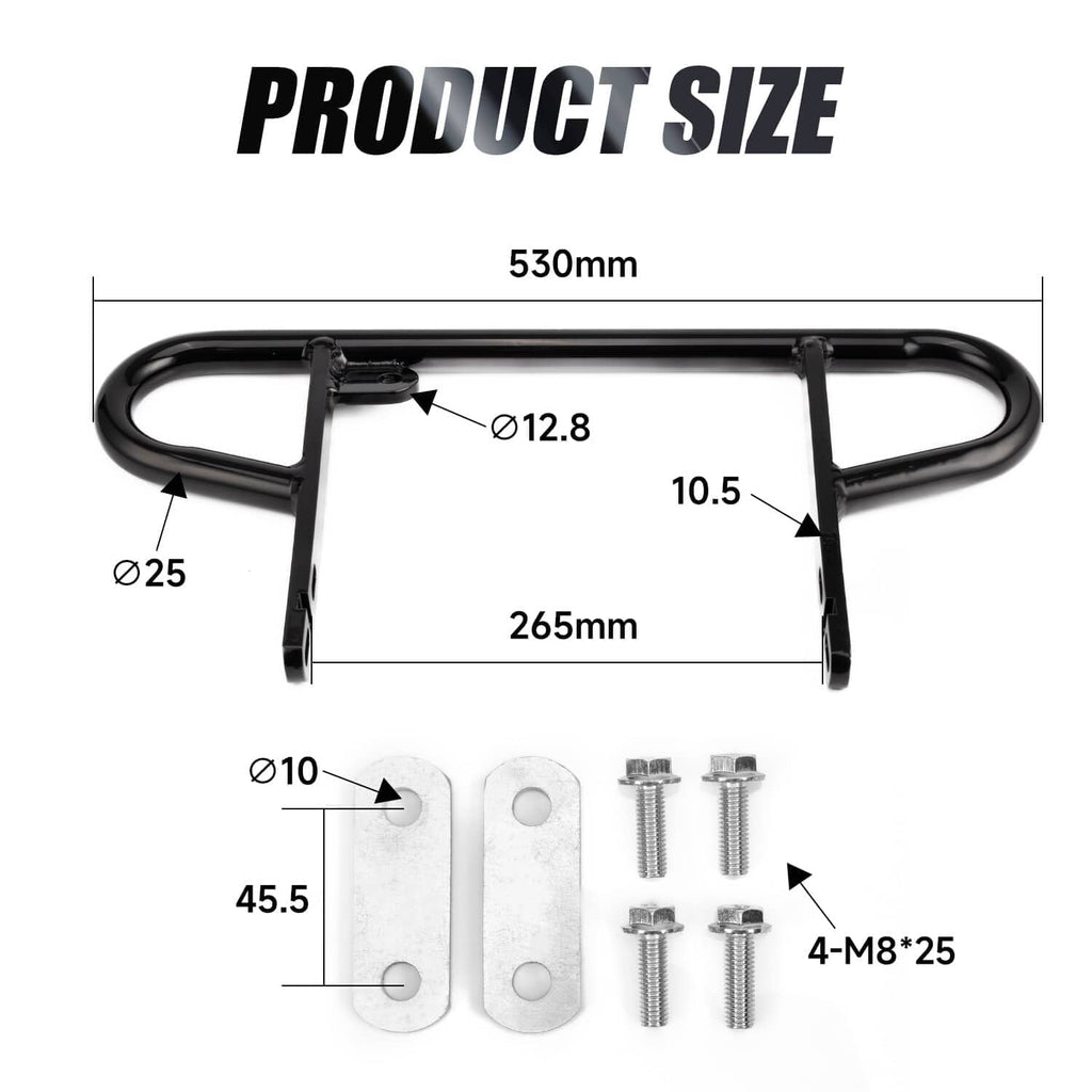 Black rear wide grab bar size diagram with mounting brackets and bolt hardware.