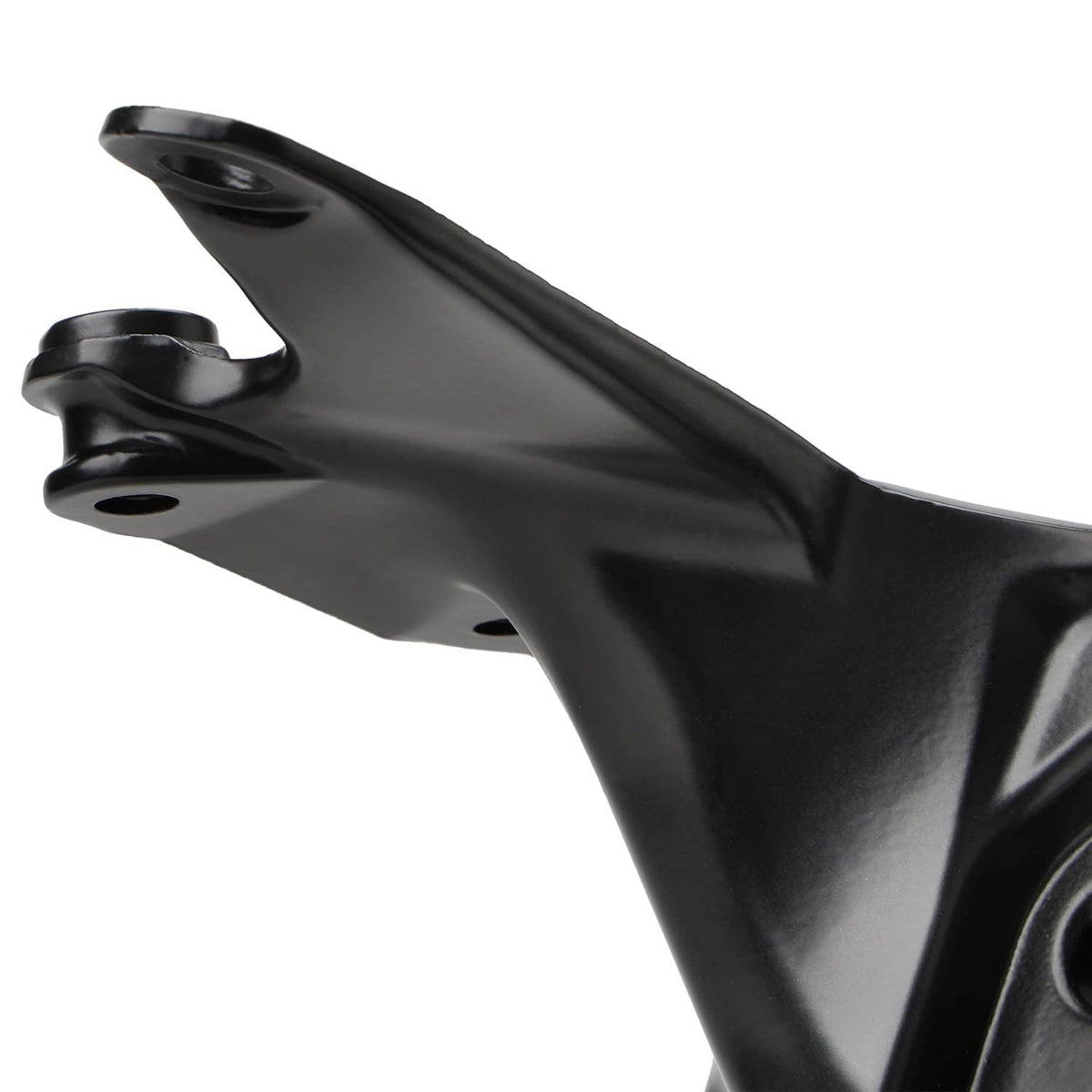 Black fairing stay bracket side profile with raised mounts and glossy finish