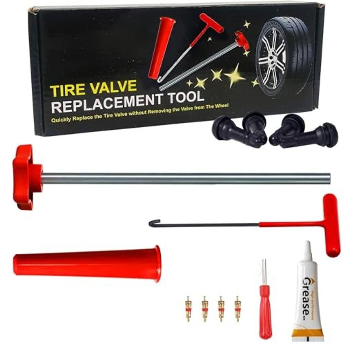 Tire valve replacement tool kit with rod, hook tool, red grips, grease tube and valve parts