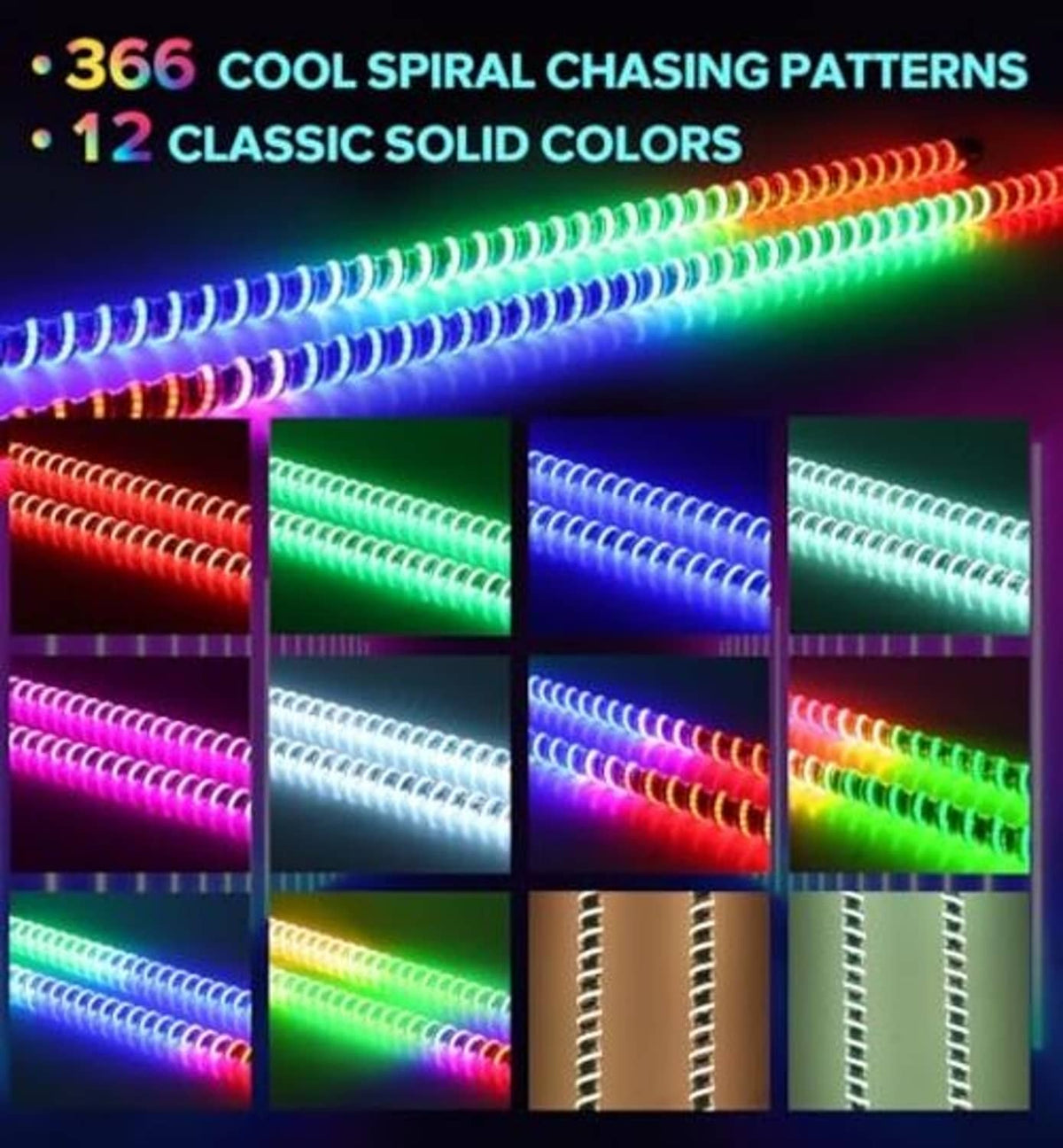 RGB LED whip lights, spiral chasing segments in multiple colors (2-pack)