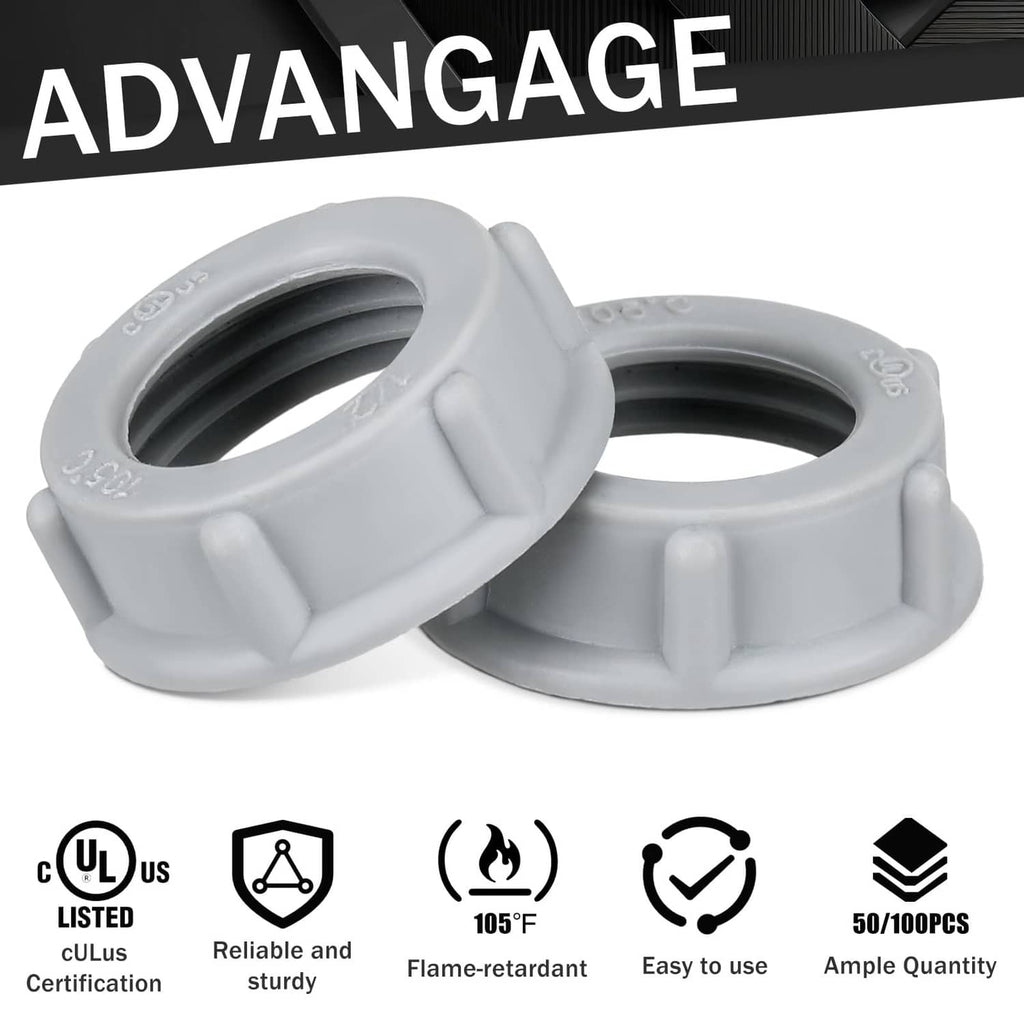 Gray plastic insulating threaded bushing, pair view, flanged grip design