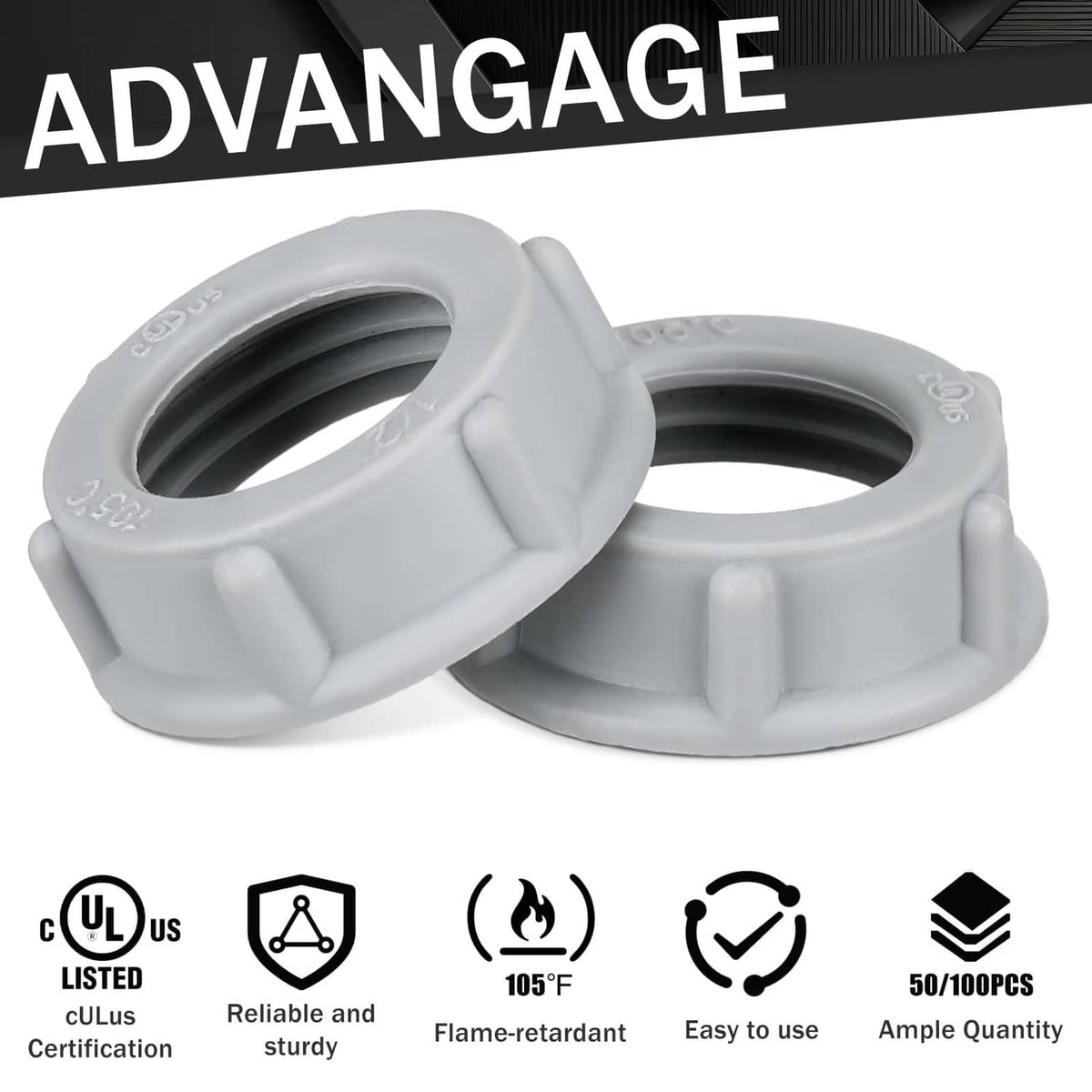 Gray plastic insulating threaded bushing, pair view, flanged grip design