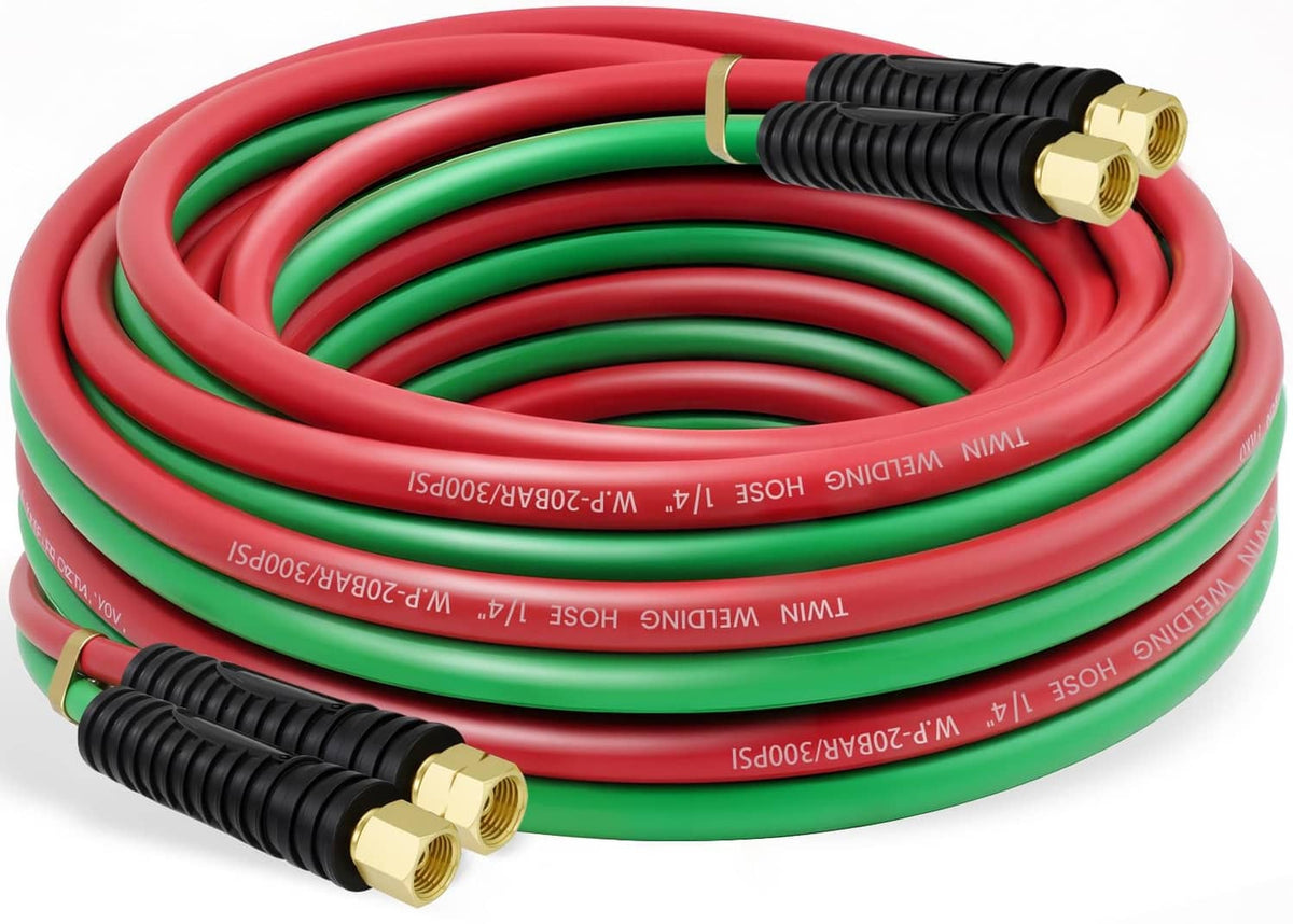Twin welding hose bundle with red and green tubes, black cover, brass fittings