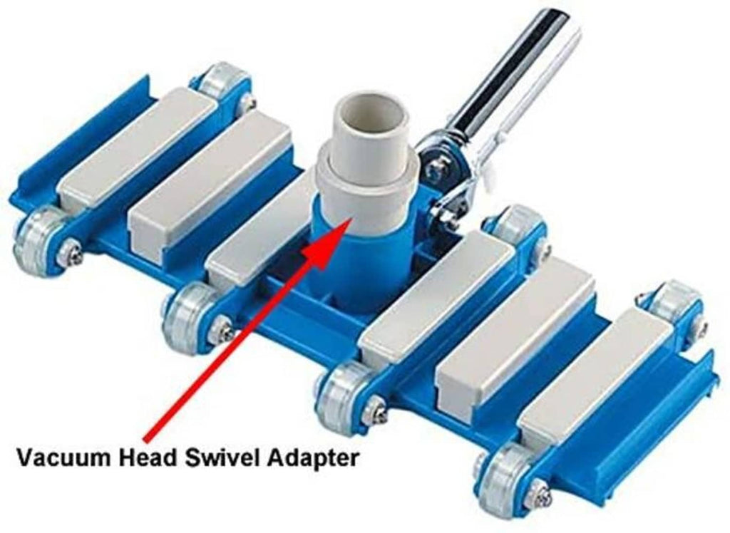 Blue and white vacuum head swivel adapter with central connector and swivel tube.