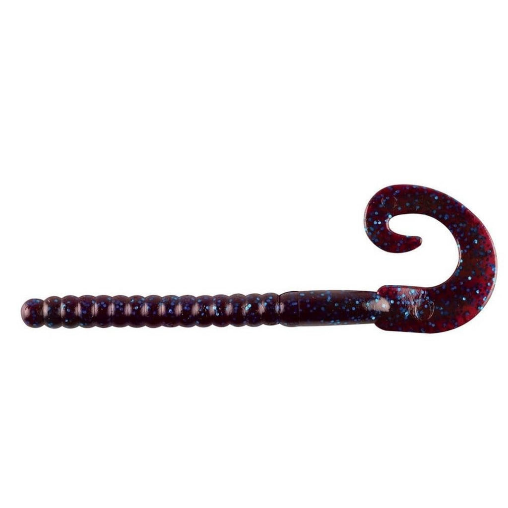 Curly-tail soft plastic fishing worm, dark blue with purple speckles