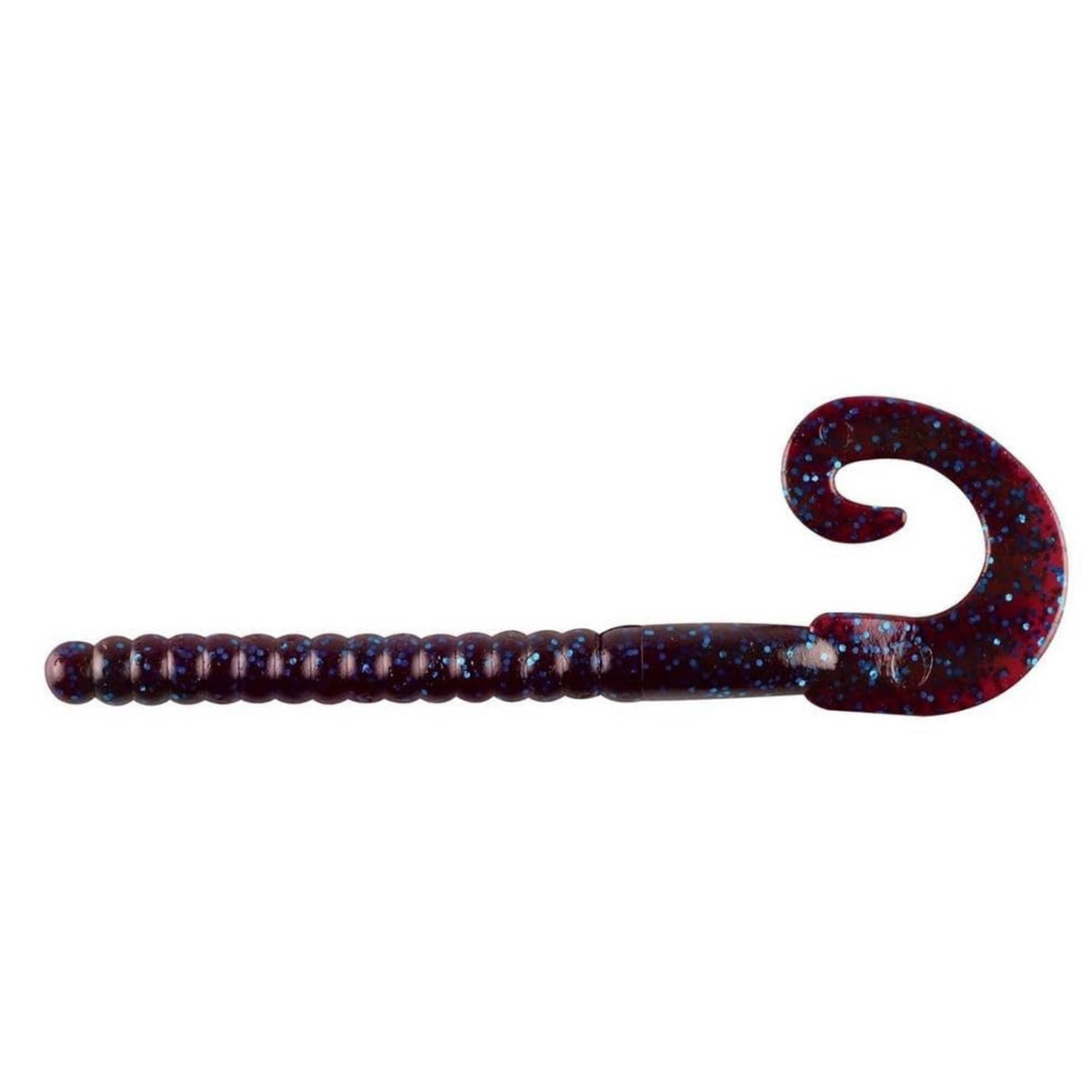 Curly-tail soft plastic fishing worm, dark blue with purple speckles