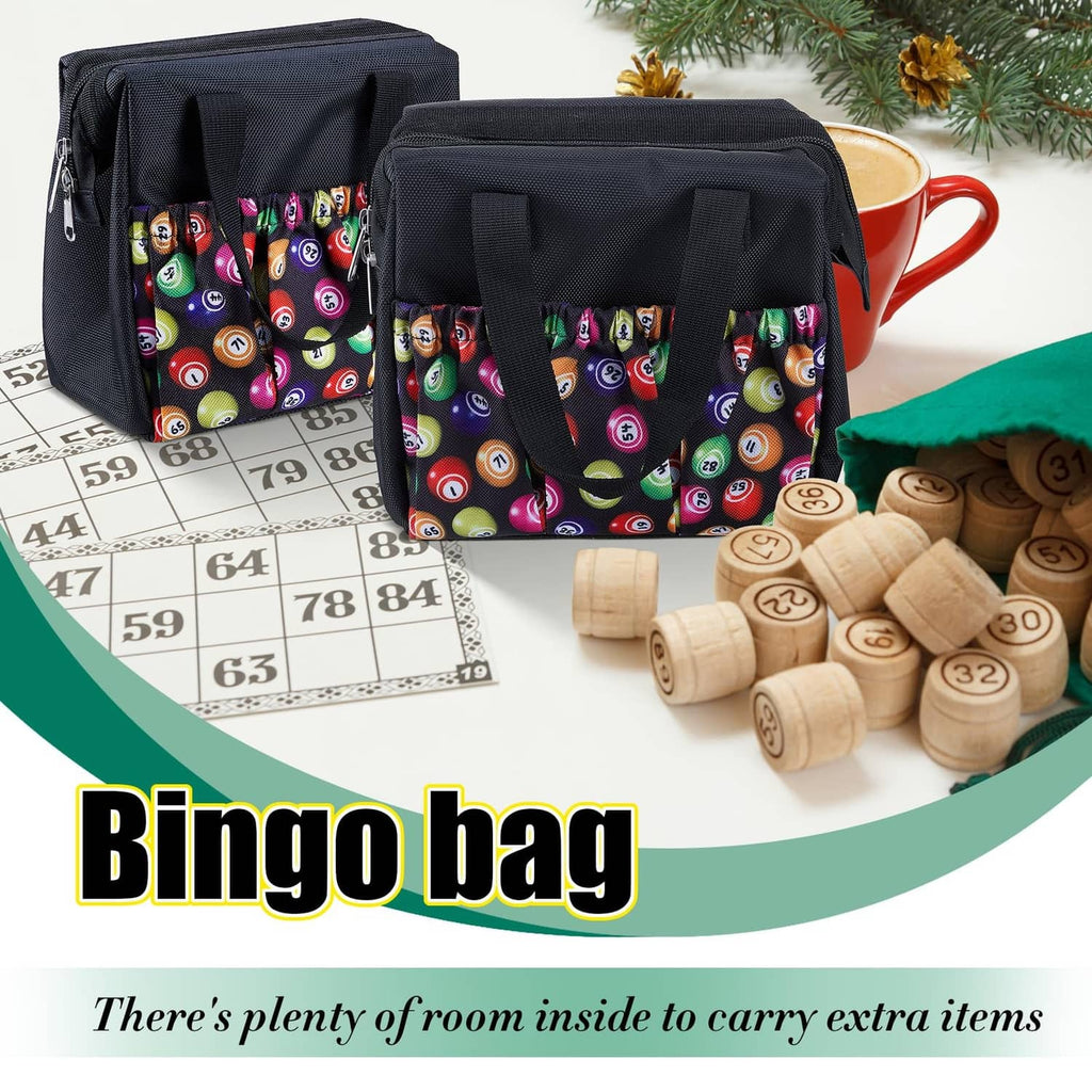 Black bingo dauber bag with colorful bingo-pattern pockets and front zipper