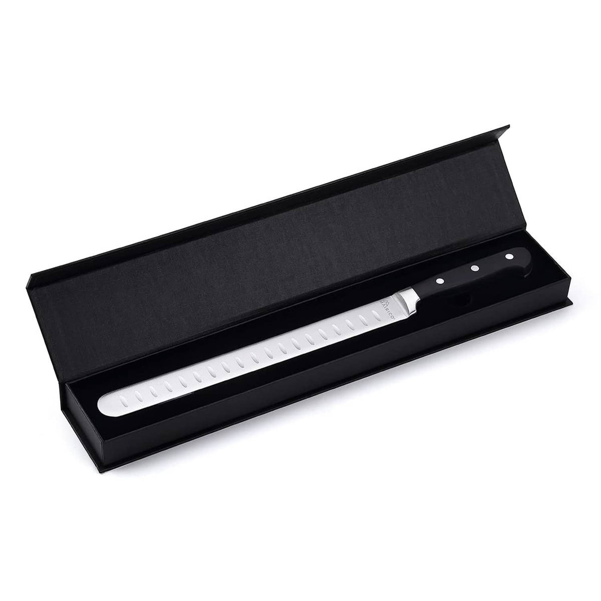 Mairico brisket slicing knife in box: stainless blade with black handle