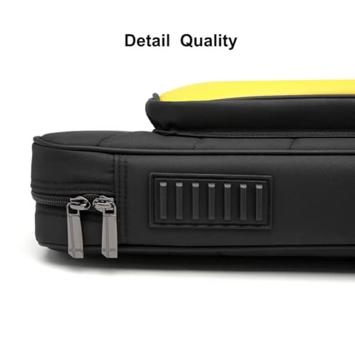 Black pool cue case end with textured panel and metal zipper pull