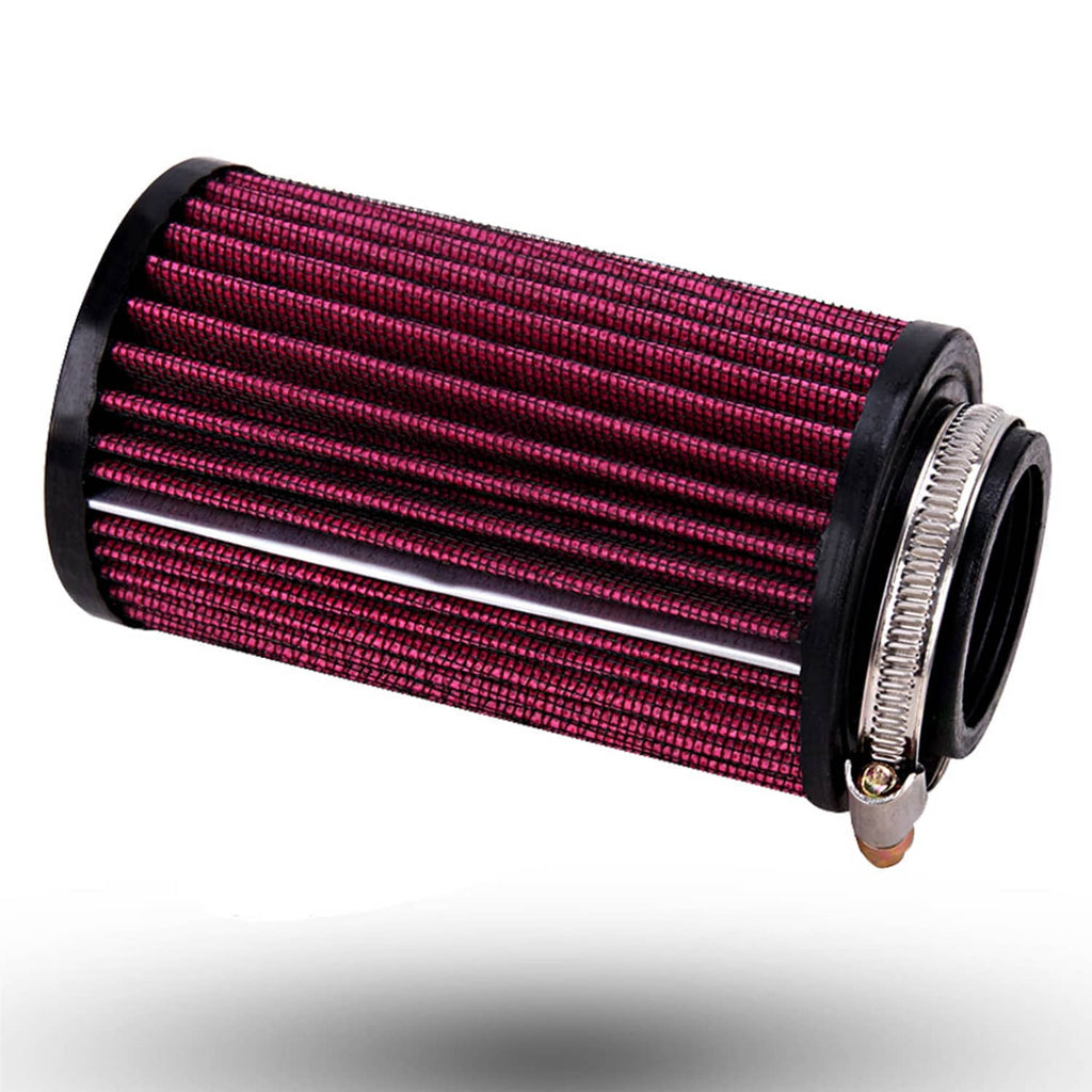 Cylindrical air filter with red pleated mesh and black end caps, side view
