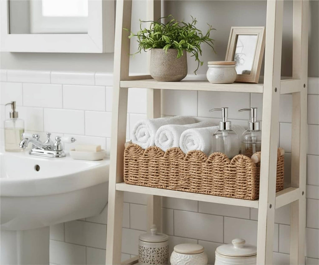 Scalloped woven rattan basket holding folded towels and bathroom supplies