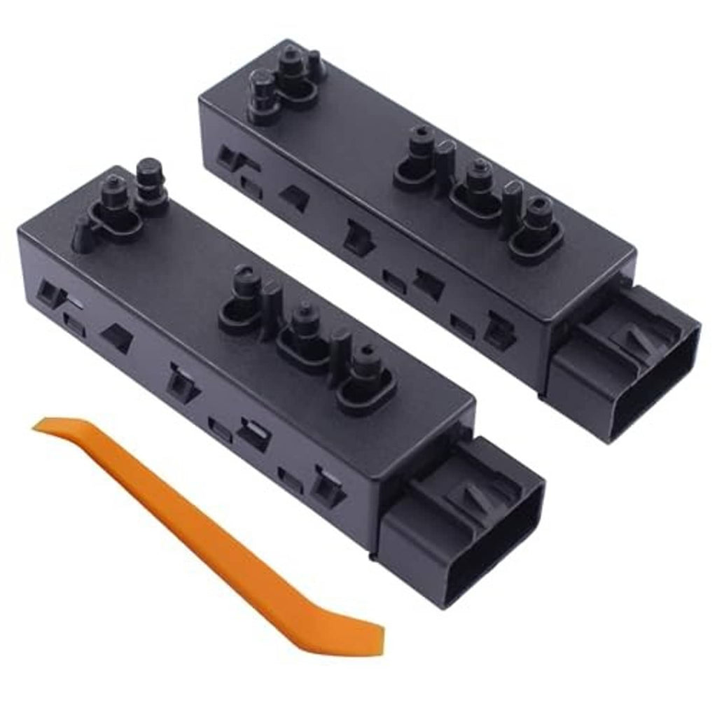 Power seat switch module with two rows of black rocker controls and orange cable