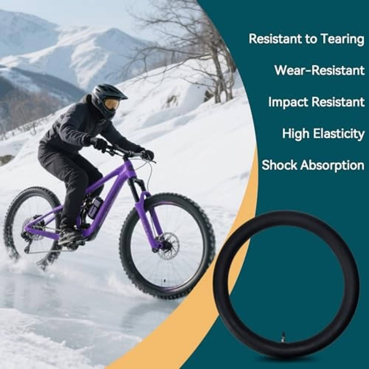 Black inner tube ring with valve stem next to a mountain bike wheel in snow.