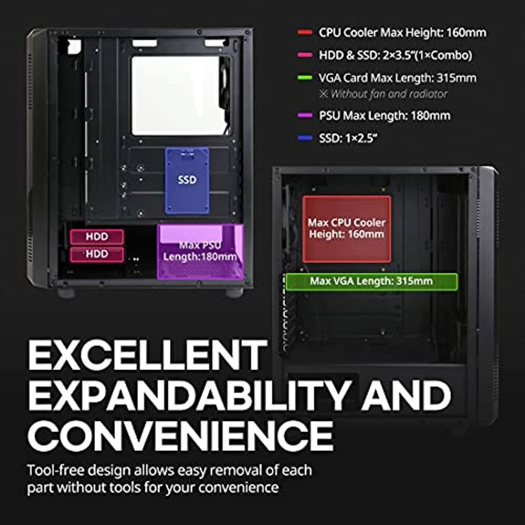 Open PC case interior showing storage bays, GPU space, and CPU cooler clearance