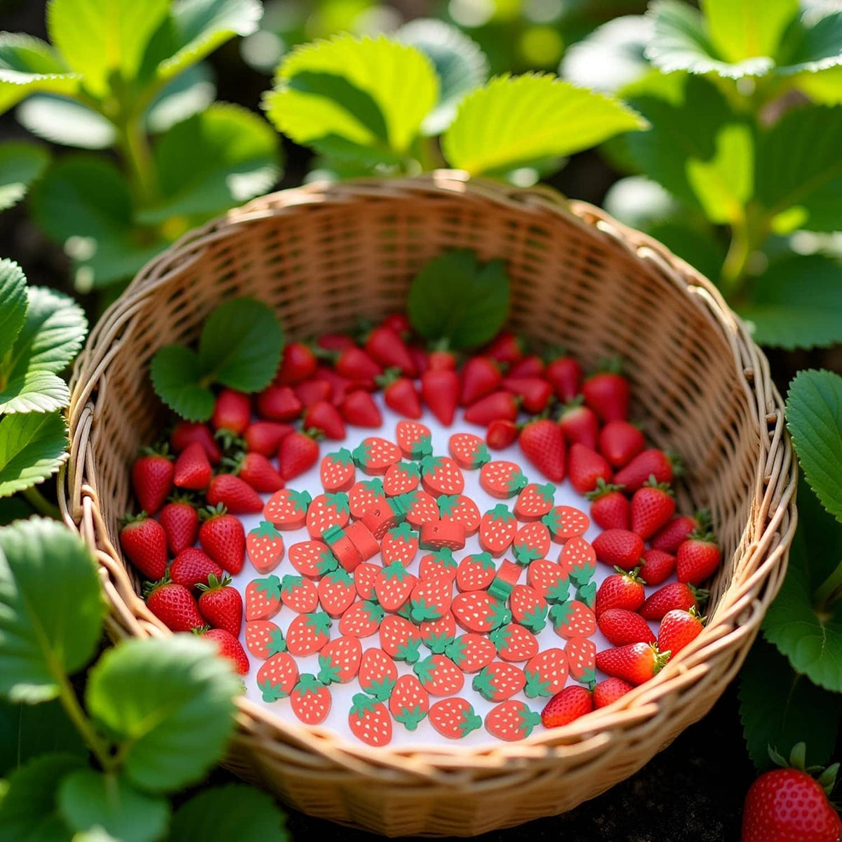 Strawberry-shaped polymer clay beads in a wicker basket, red with green leaves.