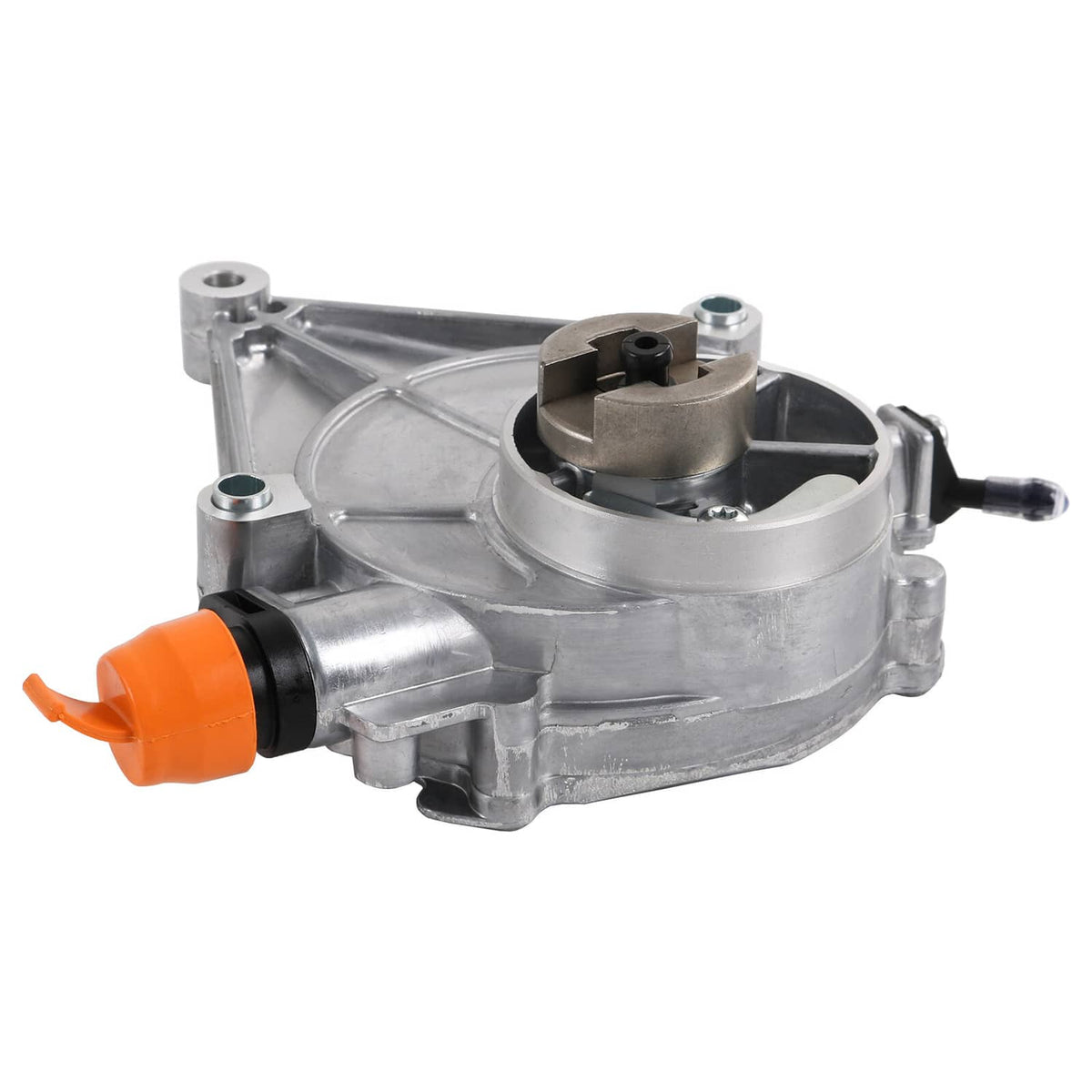 Angled silver vacuum pump with orange inlet cap and black mounting section