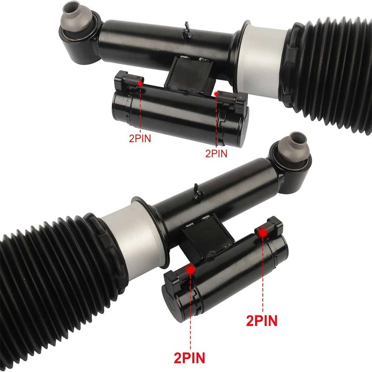 Air suspension strut ends showing 2-pin connectors and rod bushing mounts.