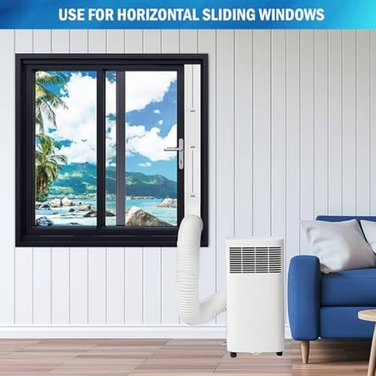 Window-mounted AC exhaust hose kit for horizontal sliding windows, white