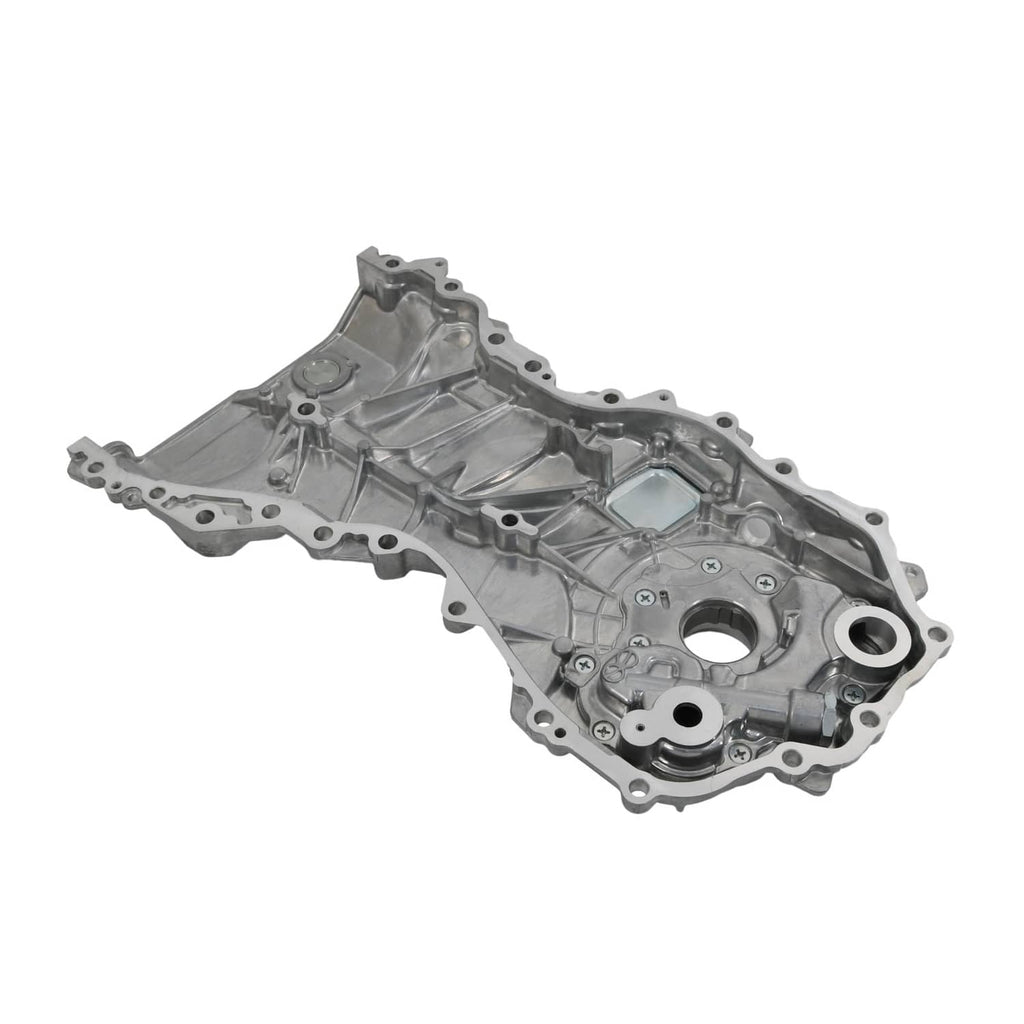 Oil pump cover with triangular bracket details and round mounting openings