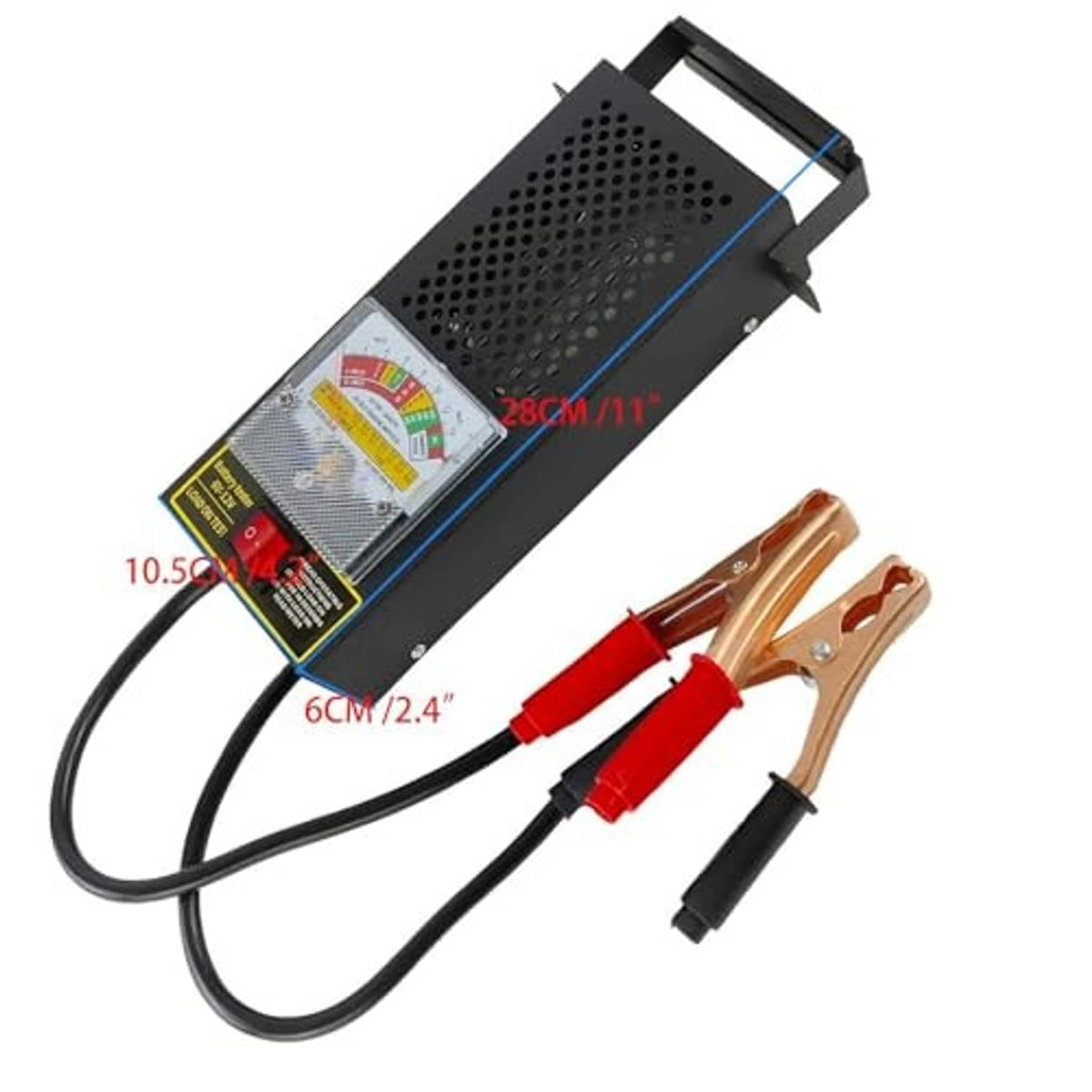 Car battery load tester angled view with gauge panel and red/black alligator clamps