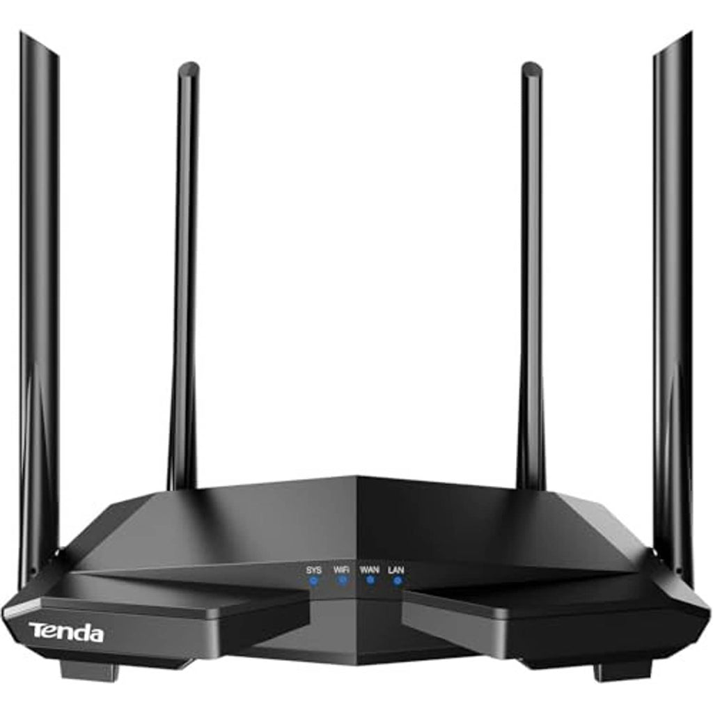 Tenda dual-band WiFi router with four antennas and front indicator lights.