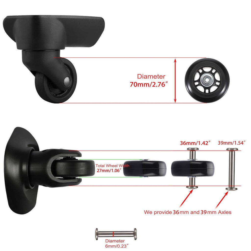 Replacement luggage caster with black wheel, 70mm diameter axle, and mounting hardware