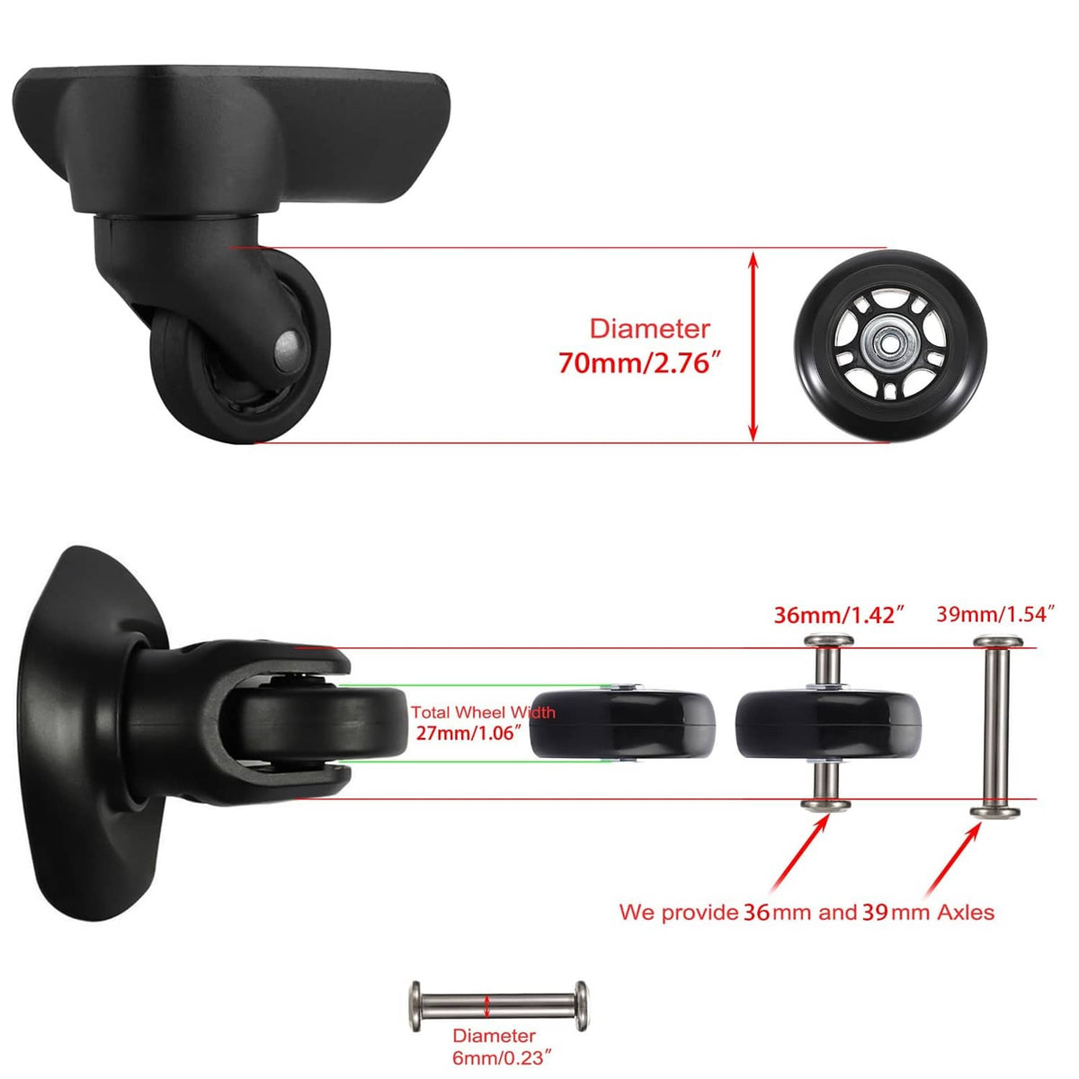 Replacement luggage caster with black wheel, 70mm diameter axle, and mounting hardware