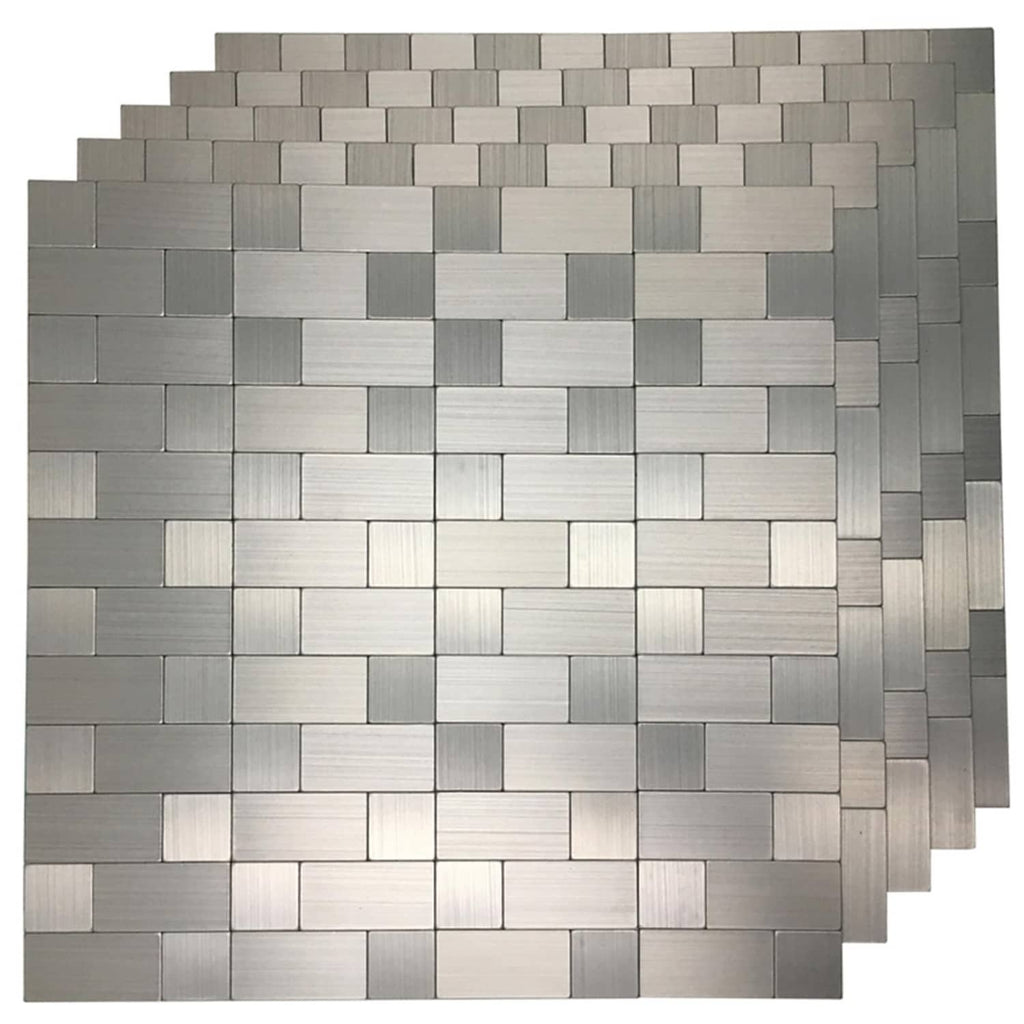 Self-adhesive metal backsplash tiles with silver-gray and light gray square brick pattern
